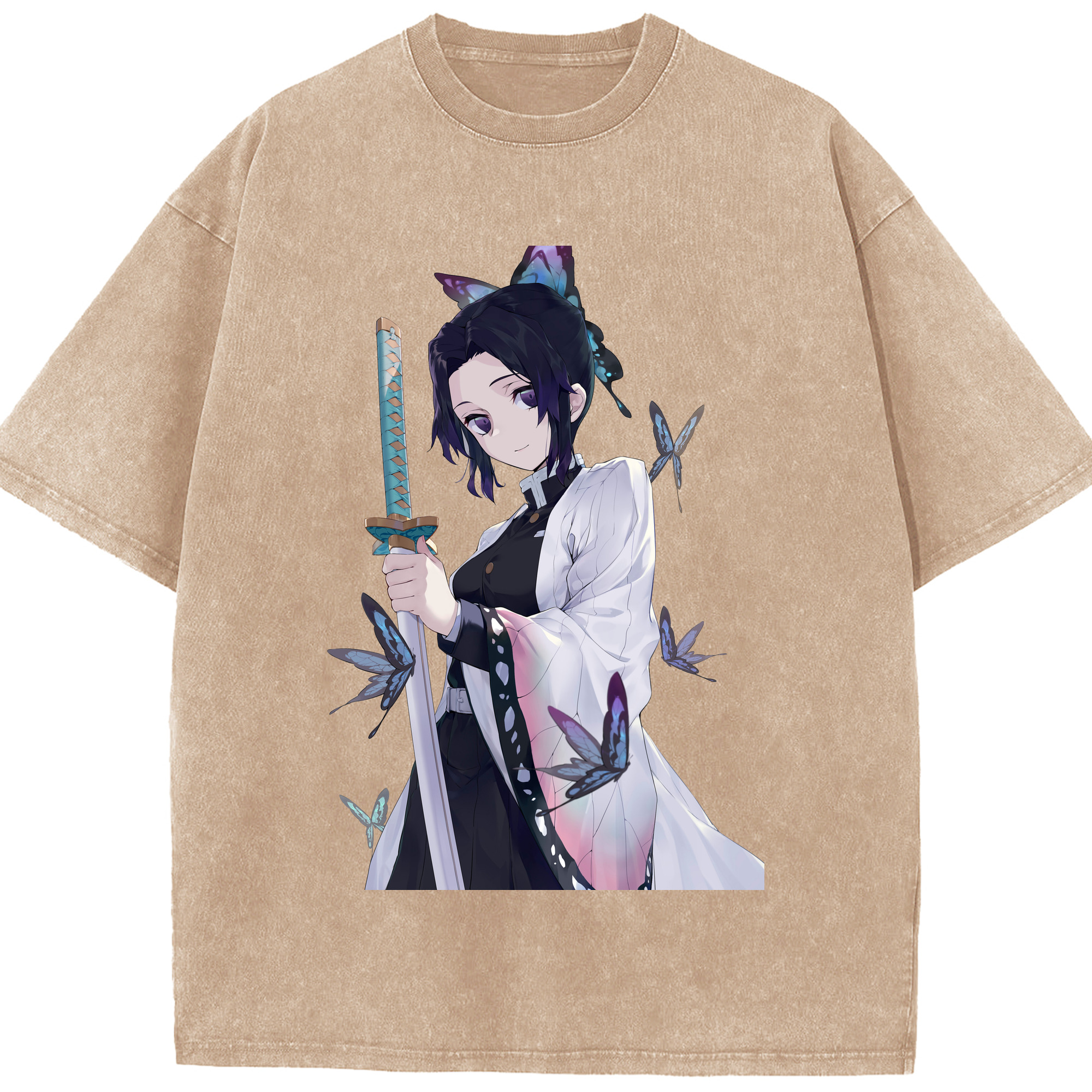 （画像用） 鬼滅の刃（きめつのやいば）蟲柱-胡蝶 しのぶ／こちょう しのぶ Kochou Shinobu 綿100% ヴィンテージ風 半袖Tシャツ（フロントプリント）