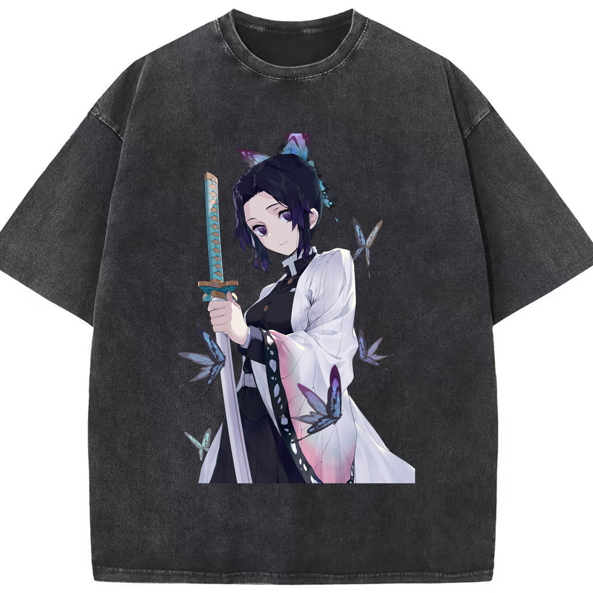 （画像用） 鬼滅の刃（きめつのやいば）蟲柱-胡蝶 しのぶ／こちょう しのぶ Kochou Shinobu 綿100% ヴィンテージ風 半袖Tシャツ（フロントプリント）