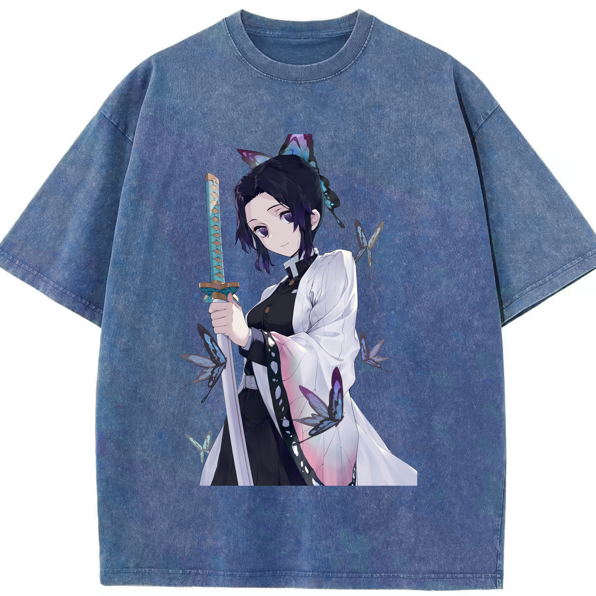 （画像用） 鬼滅の刃（きめつのやいば）蟲柱-胡蝶 しのぶ／こちょう しのぶ Kochou Shinobu 綿100% ヴィンテージ風 半袖Tシャツ（フロントプリント）