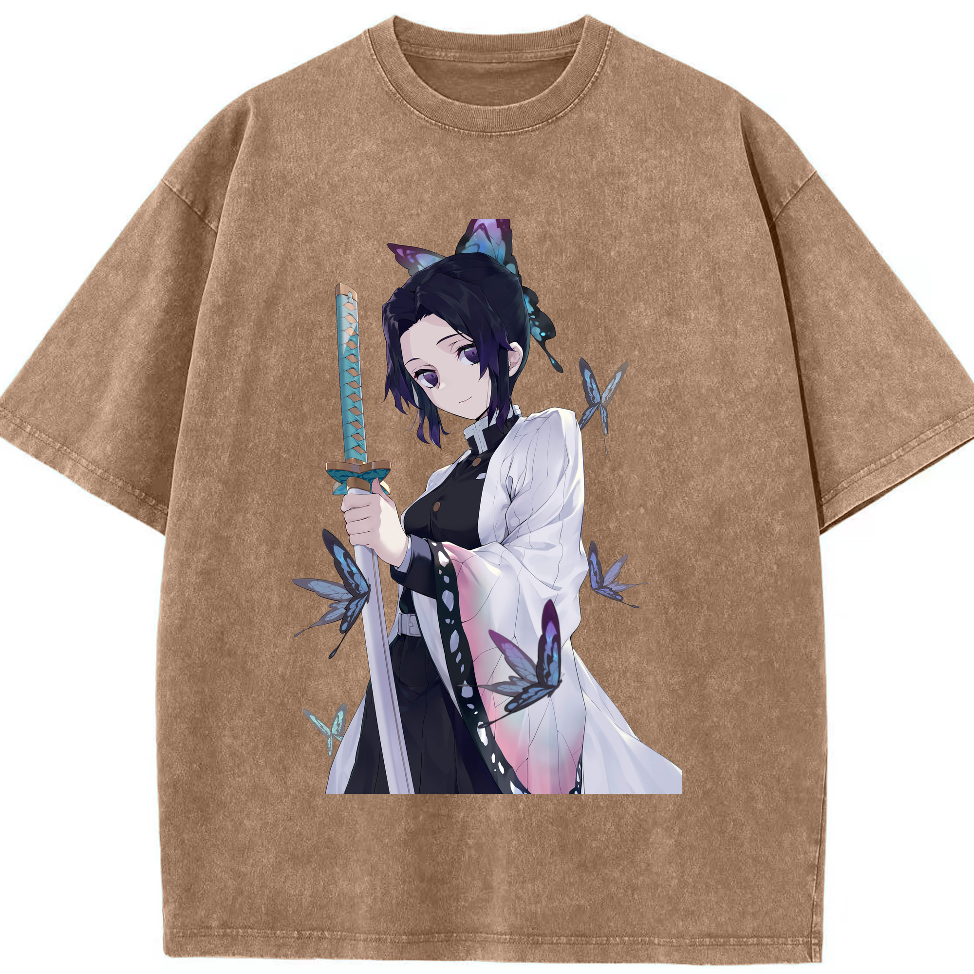（画像用） 鬼滅の刃（きめつのやいば）蟲柱-胡蝶 しのぶ／こちょう しのぶ Kochou Shinobu 綿100% ヴィンテージ風 半袖Tシャツ（フロントプリント）