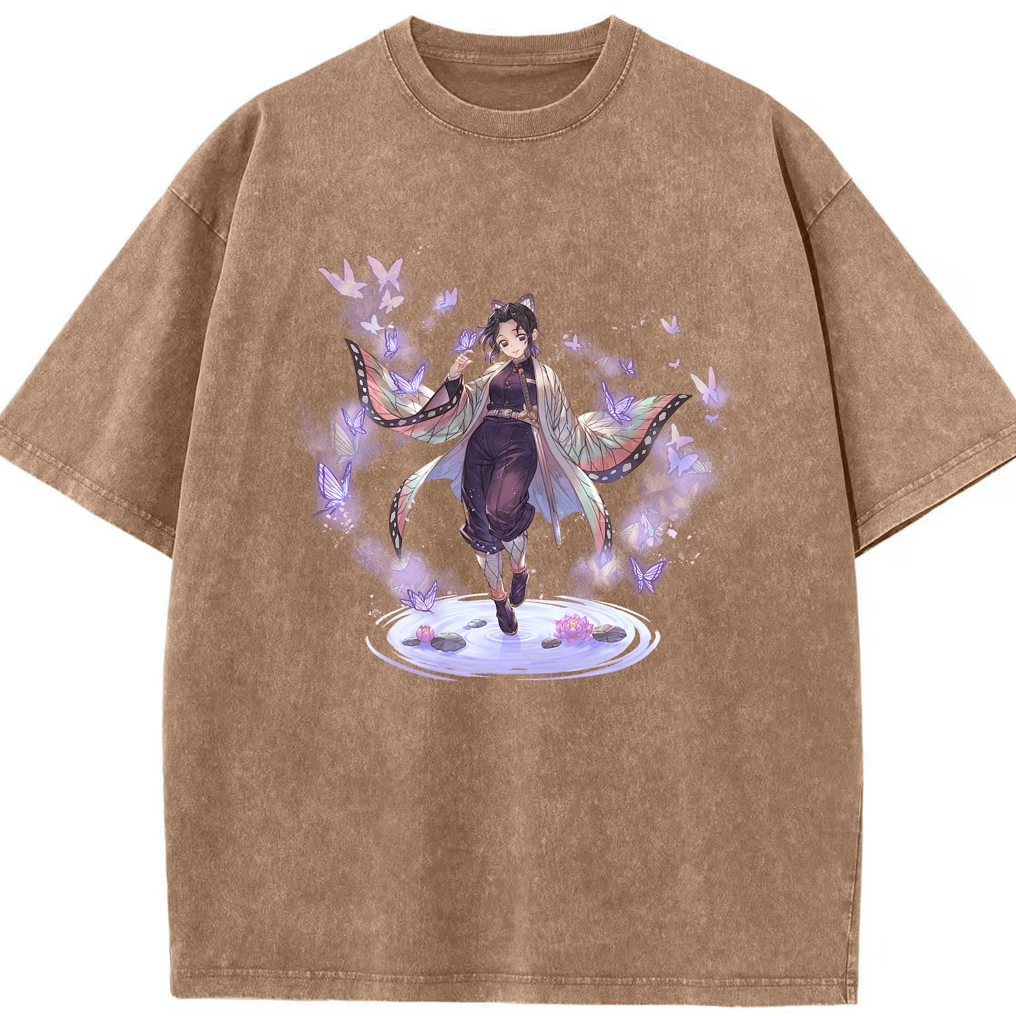 （画像用） 鬼滅の刃（きめつのやいば）蟲柱-胡蝶 しのぶ／こちょう しのぶ Kochou Shinobu 綿100% ヴィンテージ風 半袖Tシャツ（フロントプリント）