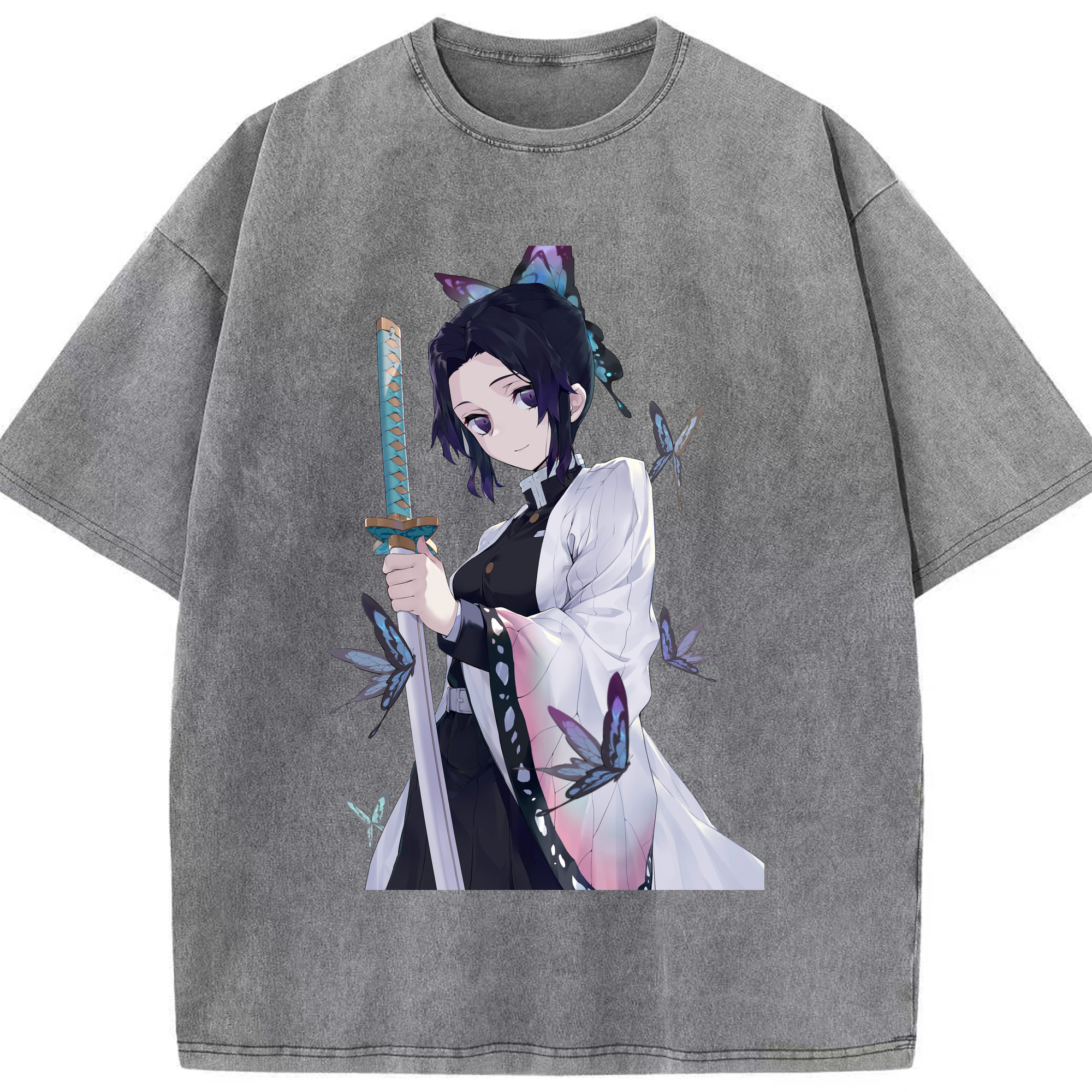 （画像用） 鬼滅の刃（きめつのやいば）蟲柱-胡蝶 しのぶ／こちょう しのぶ Kochou Shinobu 綿100% ヴィンテージ風 半袖Tシャツ（フロントプリント）