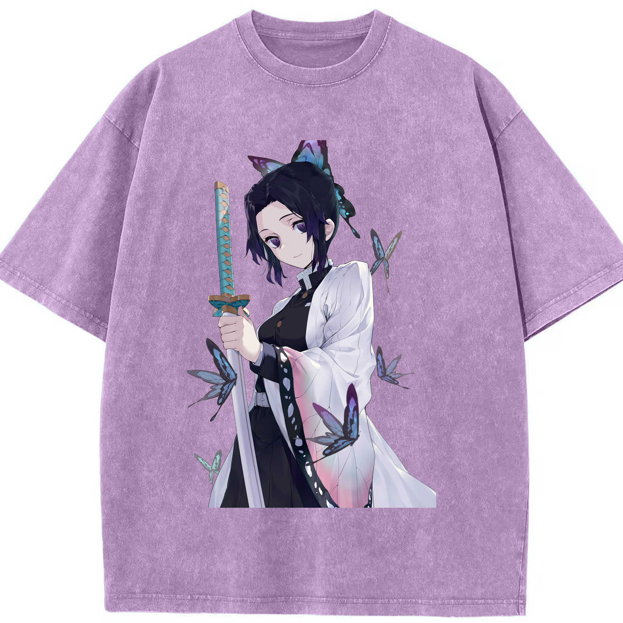 （画像用） 鬼滅の刃（きめつのやいば）蟲柱-胡蝶 しのぶ／こちょう しのぶ Kochou Shinobu 綿100% ヴィンテージ風 半袖Tシャツ（フロントプリント）