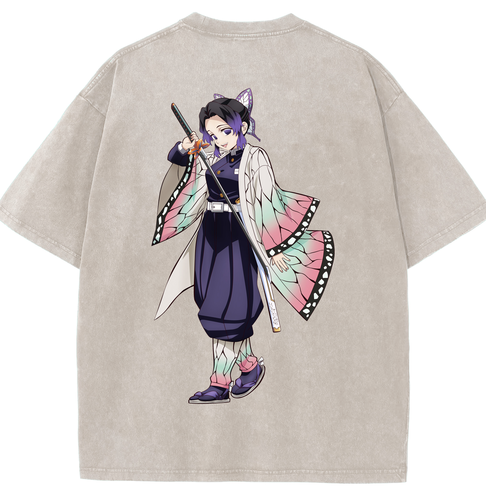 （画像用） 鬼滅の刃（きめつのやいば）蟲柱-胡蝶 しのぶ／こちょう しのぶ Kochou Shinobu 綿100% ヴィンテージ風 半袖Tシャツ（背面プリント）
