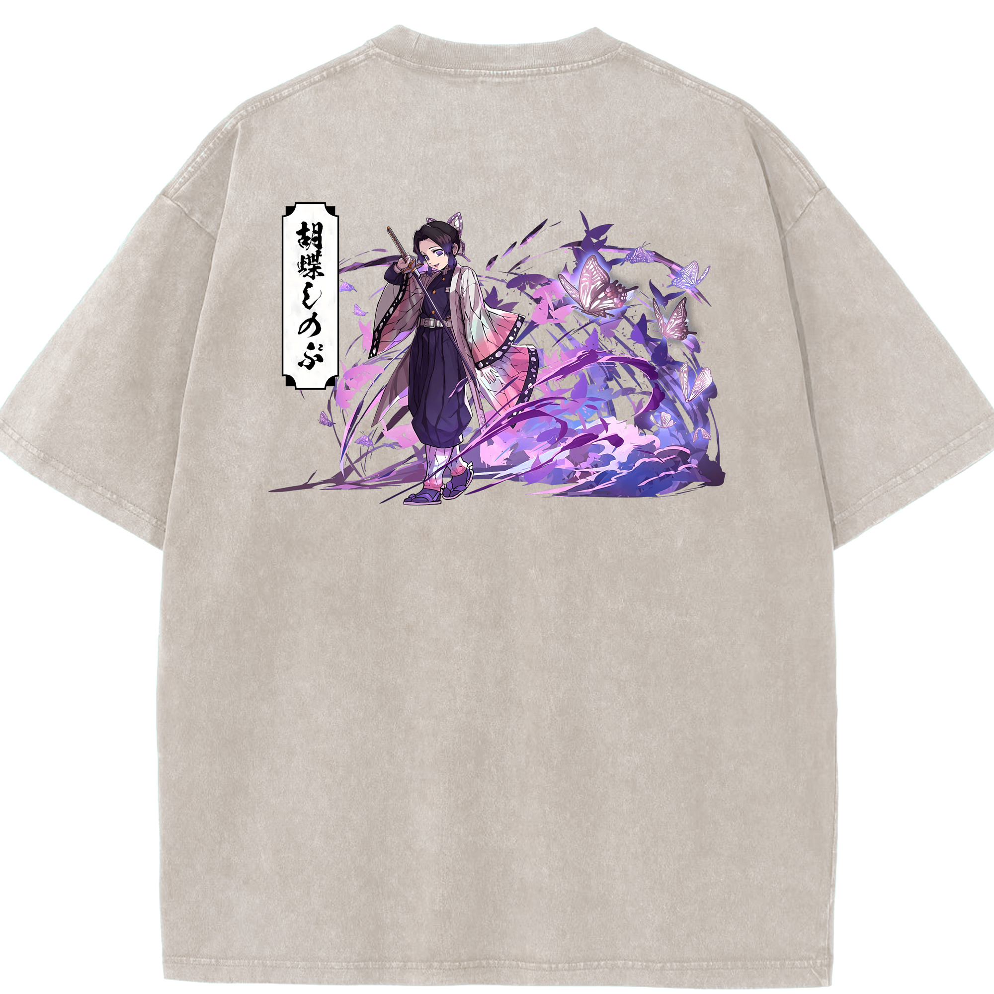 （画像用） 鬼滅の刃（きめつのやいば）蟲柱-胡蝶 しのぶ／こちょう しのぶ Kochou Shinobu 綿100% ヴィンテージ風 半袖Tシャツ（背面プリント）