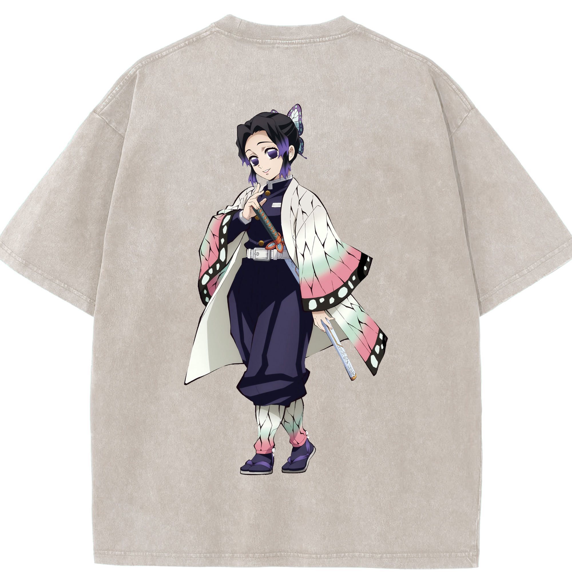 （画像用） 鬼滅の刃（きめつのやいば）蟲柱-胡蝶 しのぶ／こちょう しのぶ Kochou Shinobu 綿100% ヴィンテージ風 半袖Tシャツ（背面プリント）