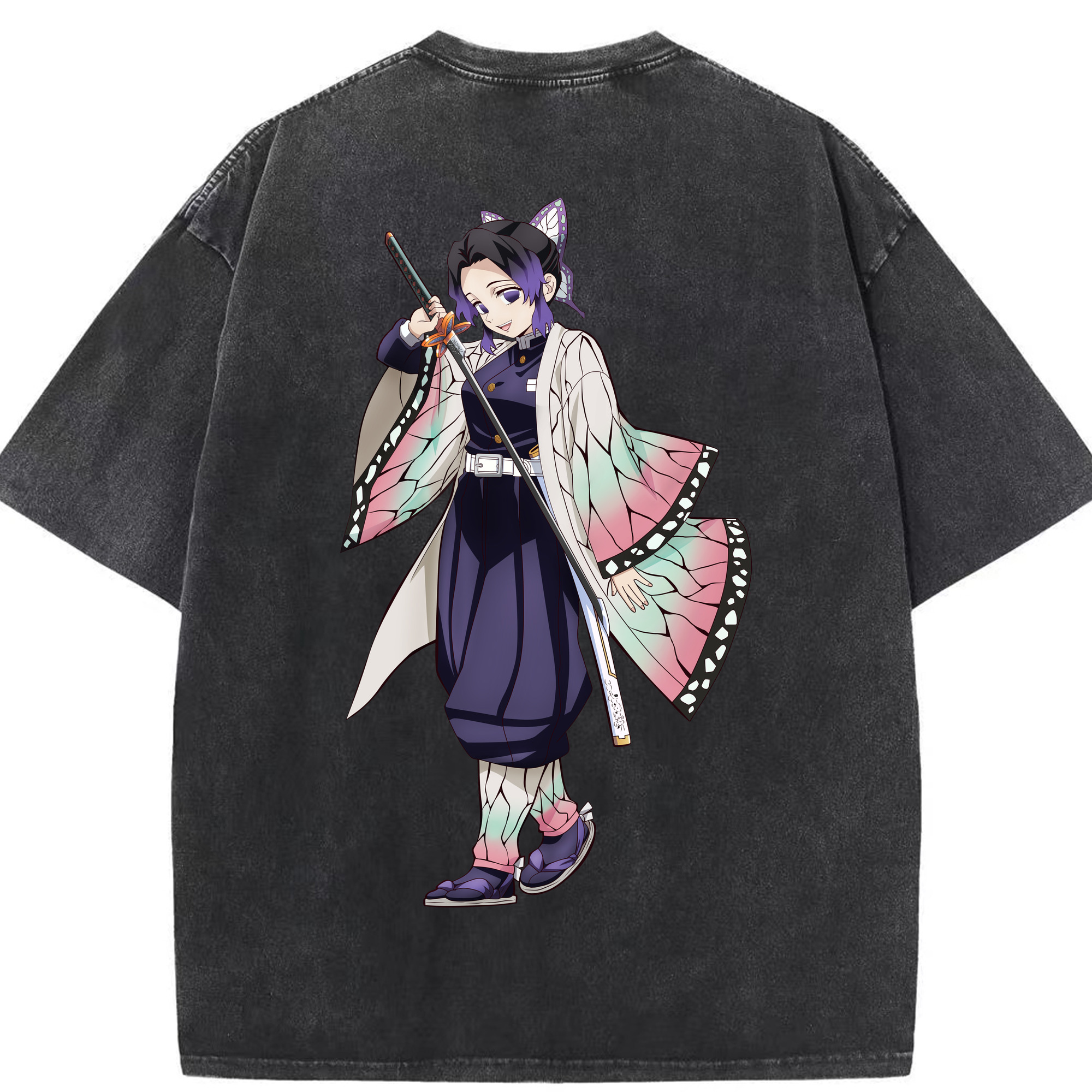 （画像用） 鬼滅の刃（きめつのやいば）蟲柱-胡蝶 しのぶ／こちょう しのぶ Kochou Shinobu 綿100% ヴィンテージ風 半袖Tシャツ（背面プリント）