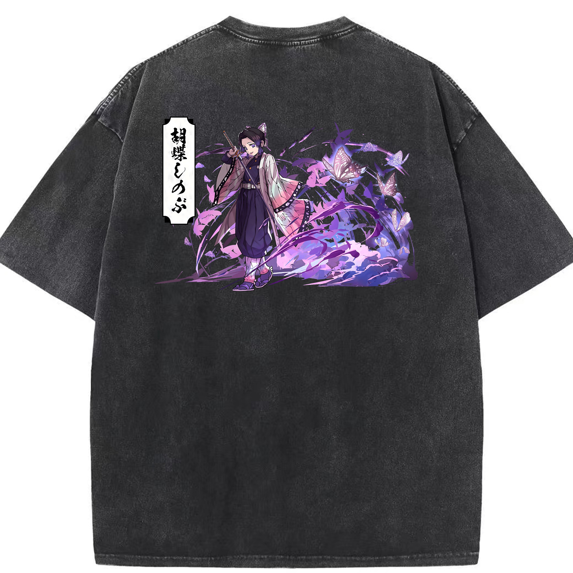 （画像用） 鬼滅の刃（きめつのやいば）蟲柱-胡蝶 しのぶ／こちょう しのぶ Kochou Shinobu 綿100% ヴィンテージ風 半袖Tシャツ（背面プリント）