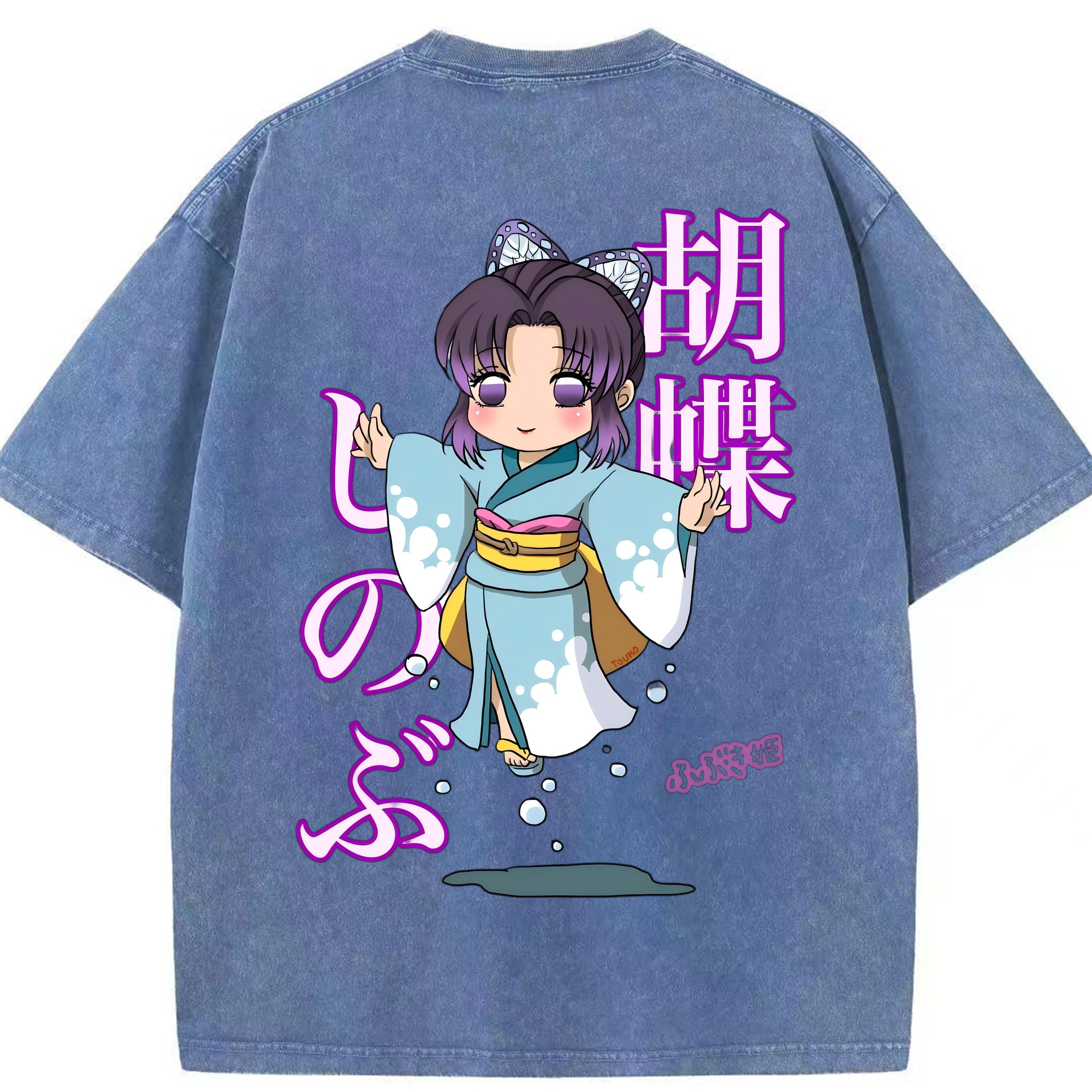 （画像用） 鬼滅の刃（きめつのやいば）蟲柱-胡蝶 しのぶ／こちょう しのぶ Kochou Shinobu 綿100% ヴィンテージ風 半袖Tシャツ（背面プリント）