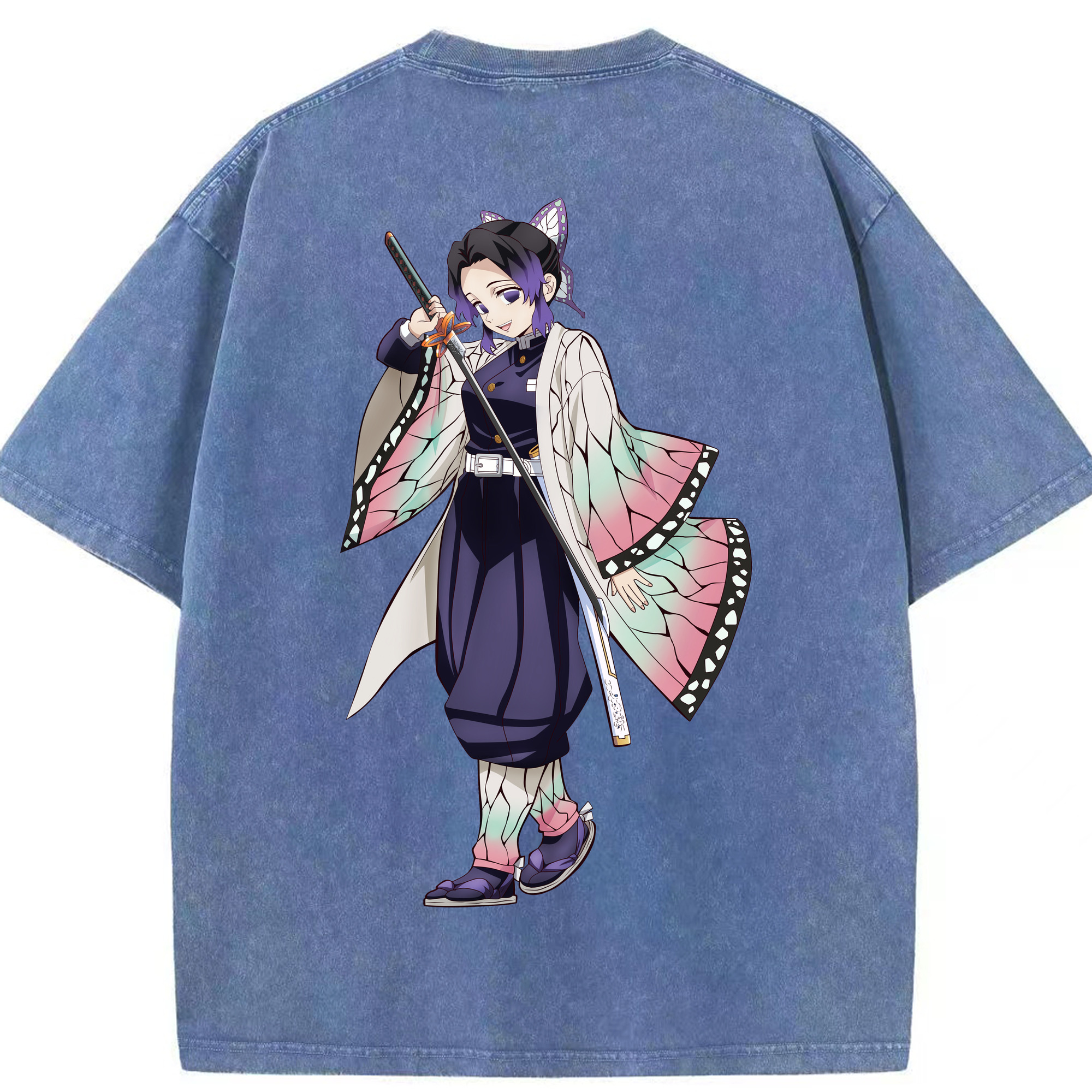 （画像用） 鬼滅の刃（きめつのやいば）蟲柱-胡蝶 しのぶ／こちょう しのぶ Kochou Shinobu 綿100% ヴィンテージ風 半袖Tシャツ（背面プリント）