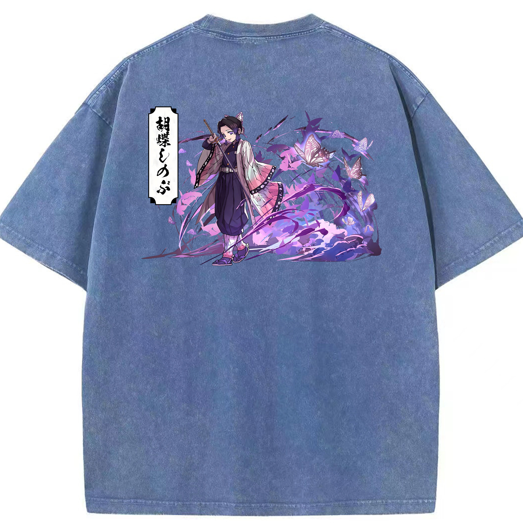 （画像用） 鬼滅の刃（きめつのやいば）蟲柱-胡蝶 しのぶ／こちょう しのぶ Kochou Shinobu 綿100% ヴィンテージ風 半袖Tシャツ（背面プリント）