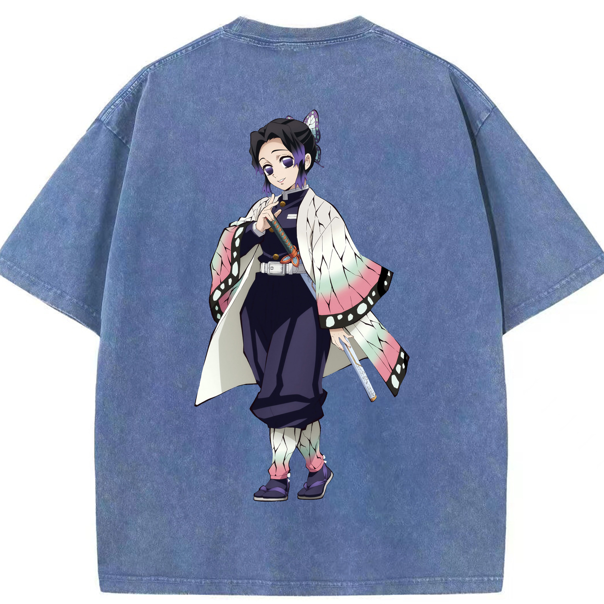 （画像用） 鬼滅の刃（きめつのやいば）蟲柱-胡蝶 しのぶ／こちょう しのぶ Kochou Shinobu 綿100% ヴィンテージ風 半袖Tシャツ（背面プリント）