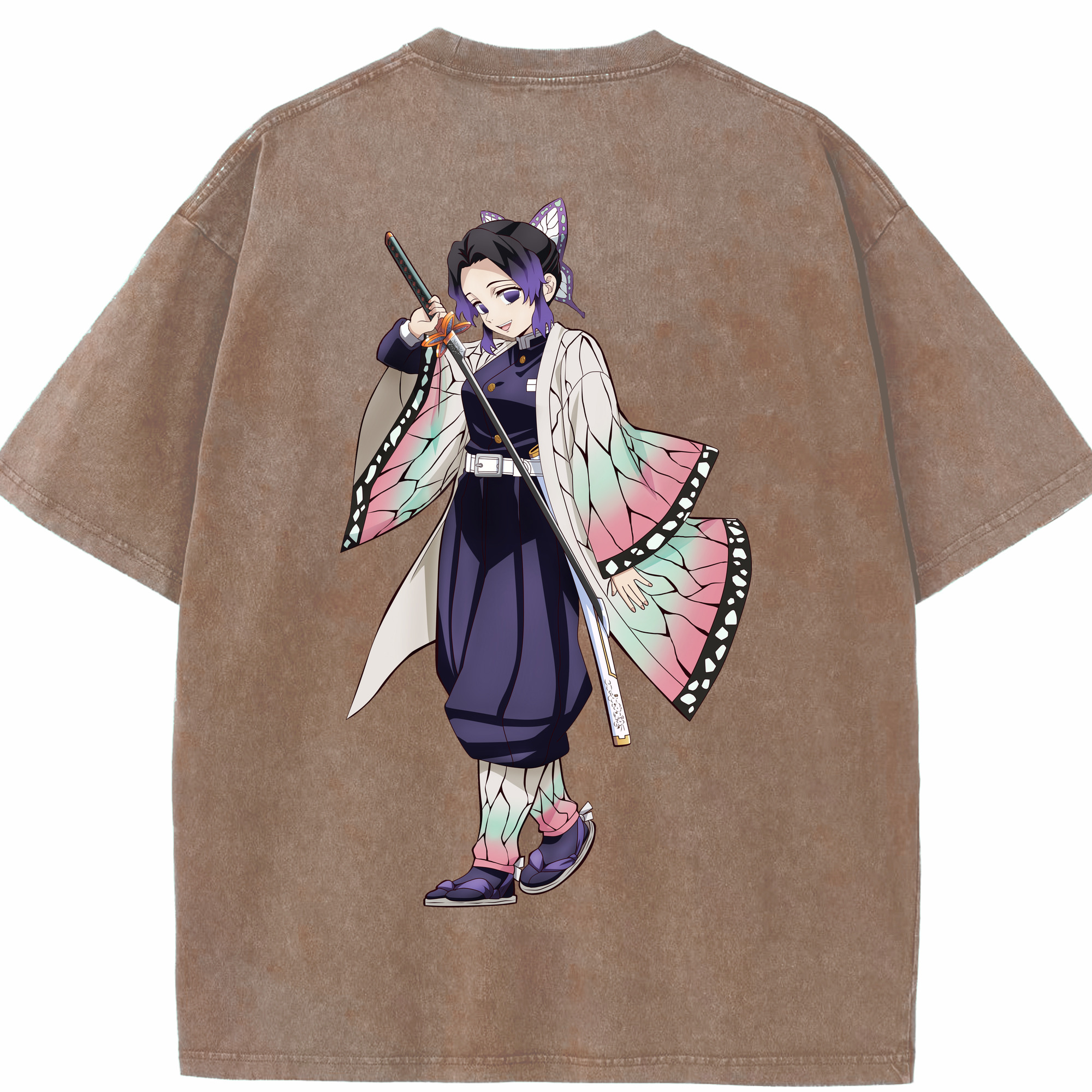 （画像用） 鬼滅の刃（きめつのやいば）蟲柱-胡蝶 しのぶ／こちょう しのぶ Kochou Shinobu 綿100% ヴィンテージ風 半袖Tシャツ（背面プリント）