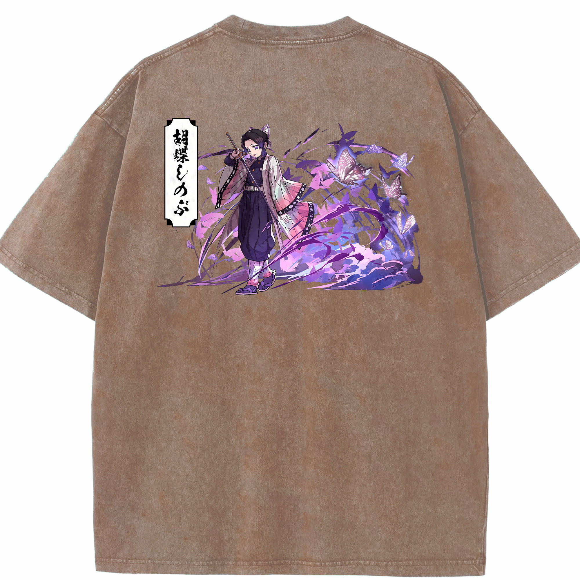 （画像用） 鬼滅の刃（きめつのやいば）蟲柱-胡蝶 しのぶ／こちょう しのぶ Kochou Shinobu 綿100% ヴィンテージ風 半袖Tシャツ（背面プリント）