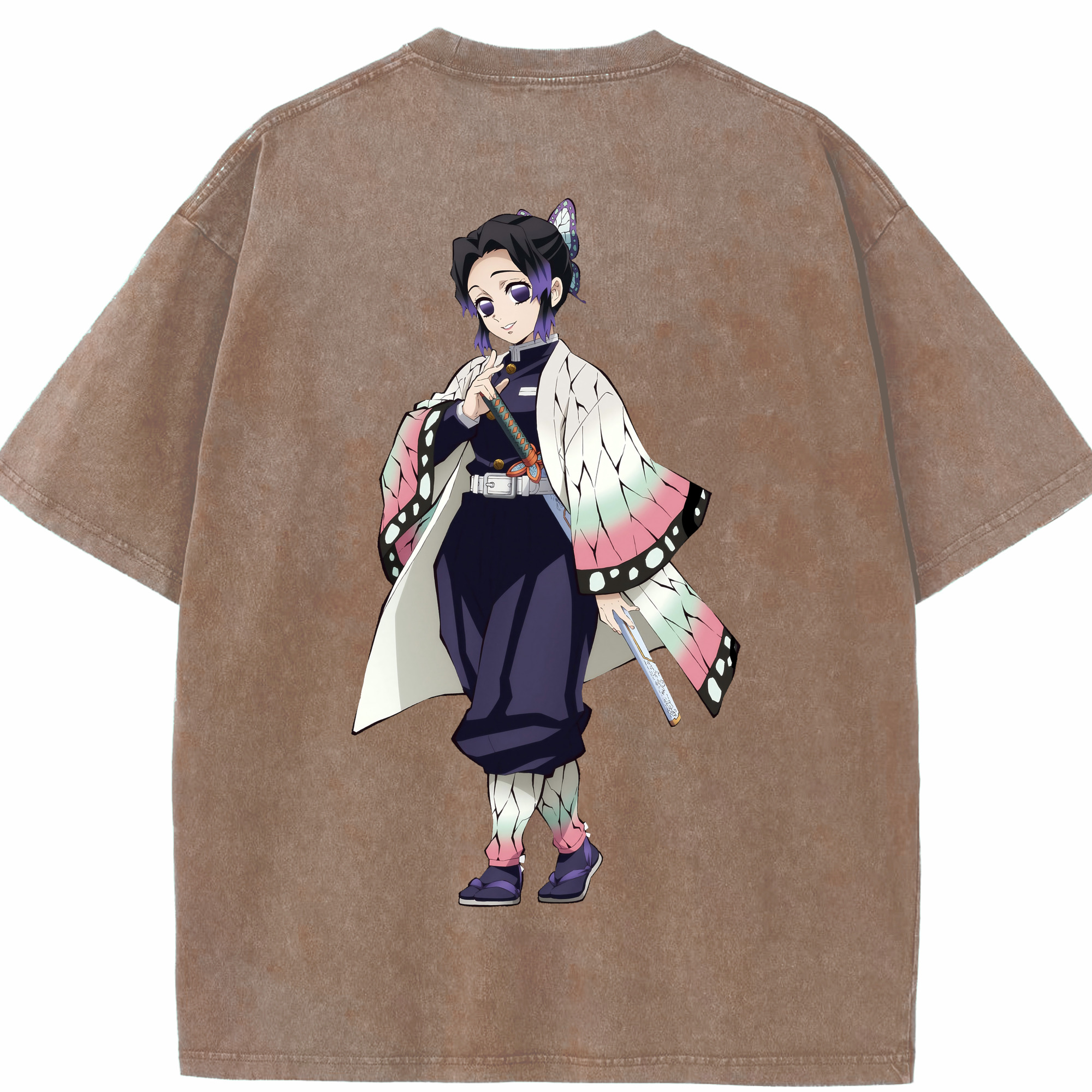 （画像用） 鬼滅の刃（きめつのやいば）蟲柱-胡蝶 しのぶ／こちょう しのぶ Kochou Shinobu 綿100% ヴィンテージ風 半袖Tシャツ（背面プリント）