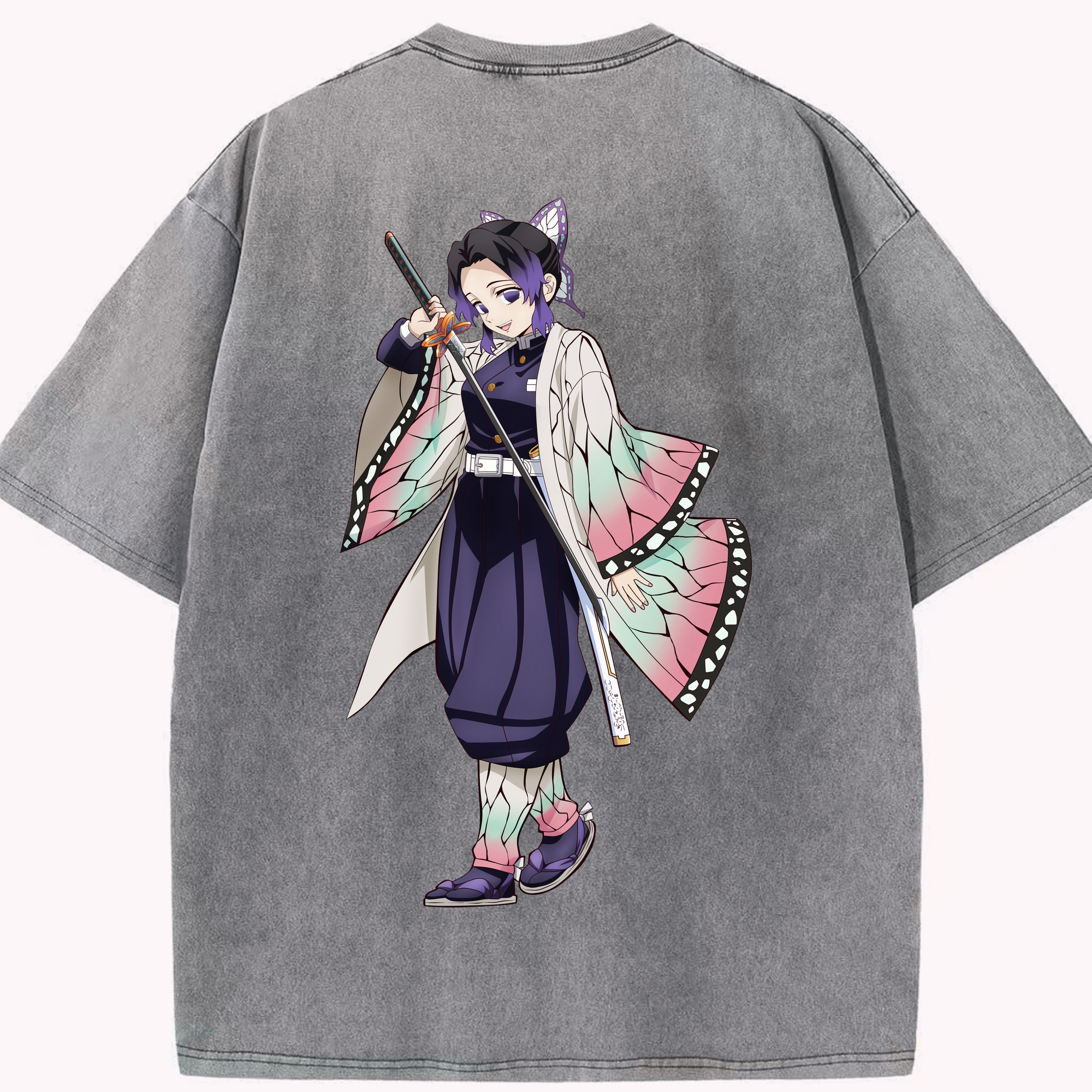 （画像用） 鬼滅の刃（きめつのやいば）蟲柱-胡蝶 しのぶ／こちょう しのぶ Kochou Shinobu 綿100% ヴィンテージ風 半袖Tシャツ（背面プリント）