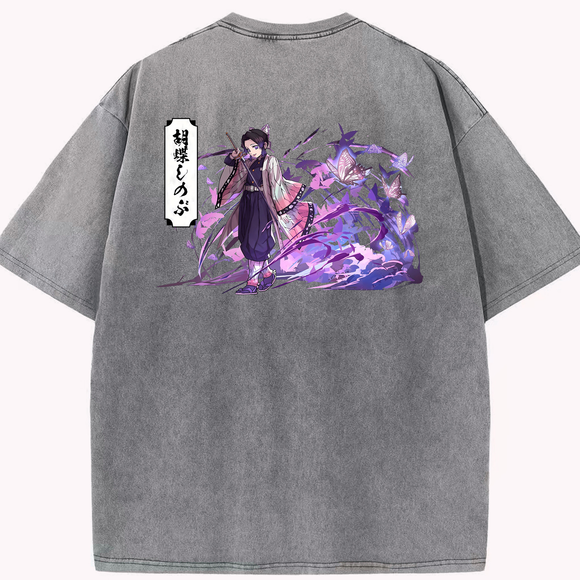 （画像用） 鬼滅の刃（きめつのやいば）蟲柱-胡蝶 しのぶ／こちょう しのぶ Kochou Shinobu 綿100% ヴィンテージ風 半袖Tシャツ（背面プリント）