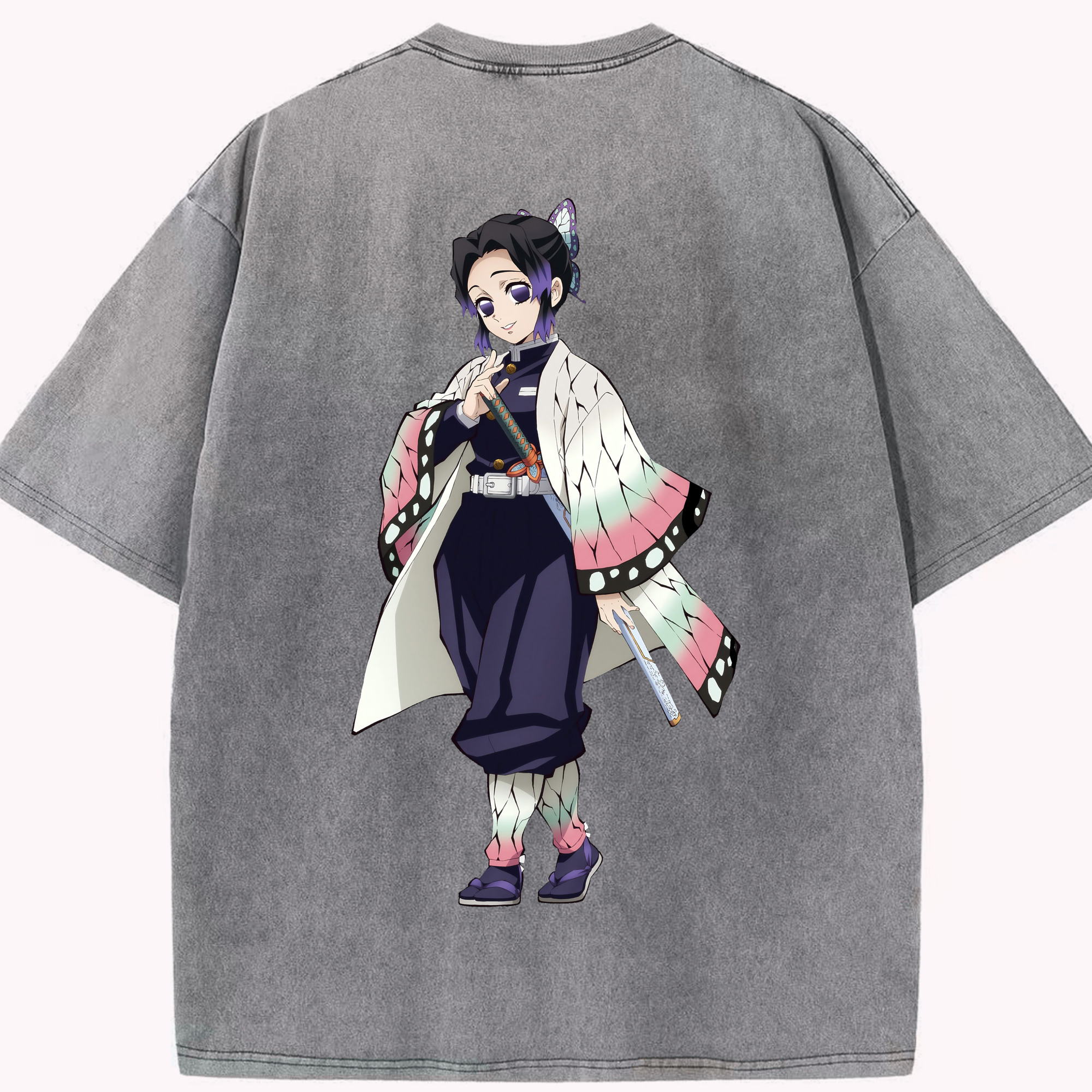 （画像用） 鬼滅の刃（きめつのやいば）蟲柱-胡蝶 しのぶ／こちょう しのぶ Kochou Shinobu 綿100% ヴィンテージ風 半袖Tシャツ（背面プリント）