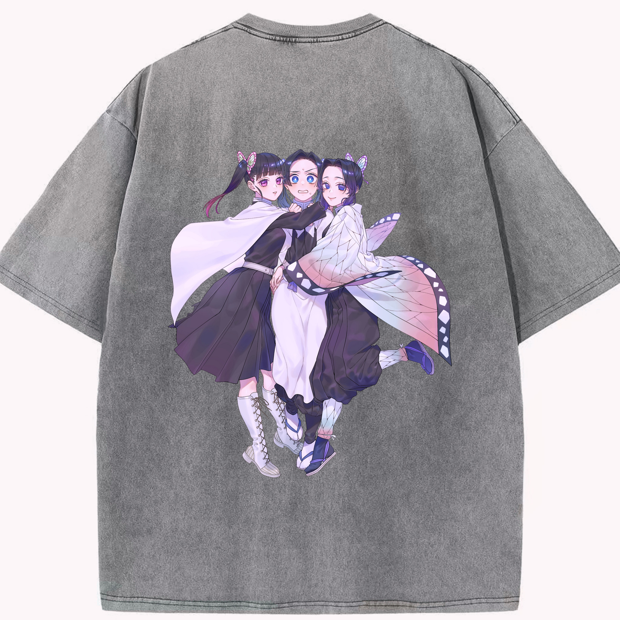 （画像用） 鬼滅の刃（きめつのやいば）蟲柱-胡蝶 しのぶ／こちょう しのぶ Kochou Shinobu 綿100% ヴィンテージ風 半袖Tシャツ（背面プリント）