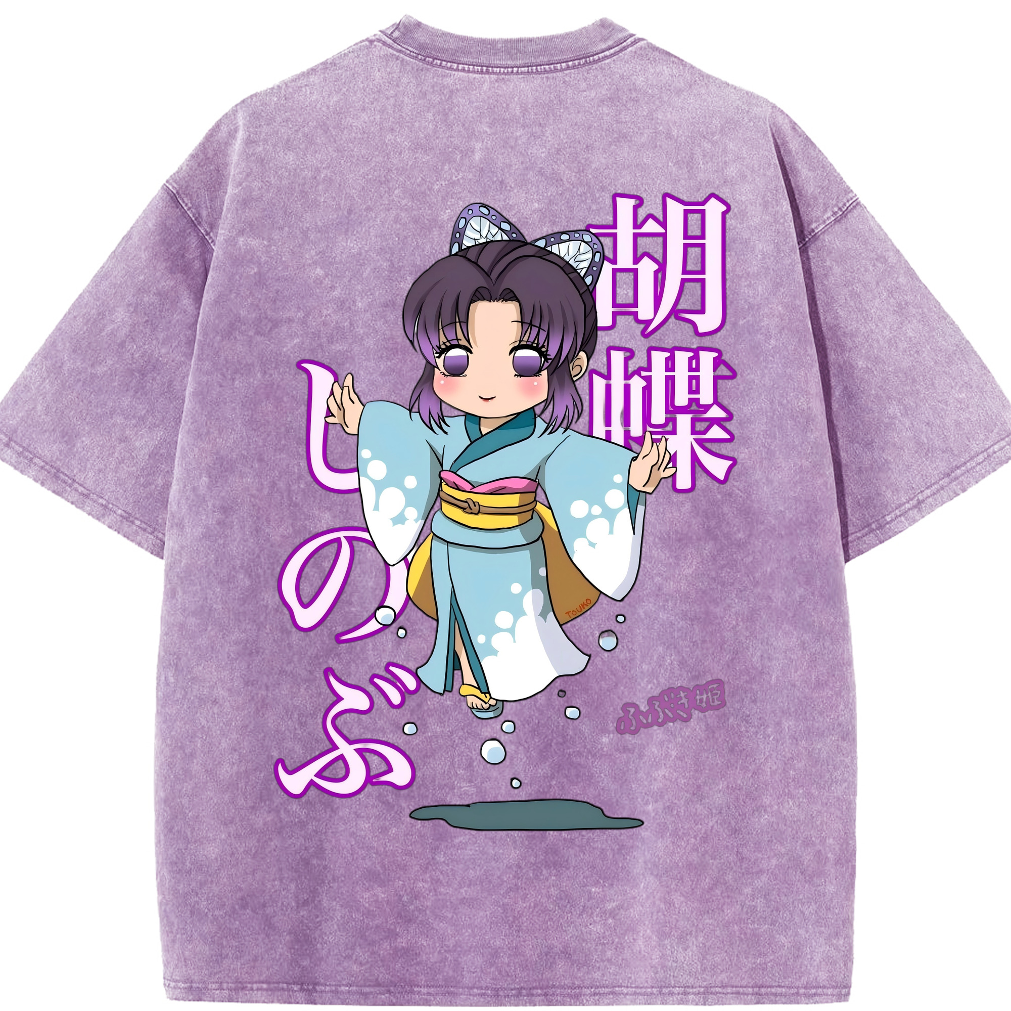（画像用） 鬼滅の刃（きめつのやいば）蟲柱-胡蝶 しのぶ／こちょう しのぶ Kochou Shinobu 綿100% ヴィンテージ風 半袖Tシャツ（背面プリント）