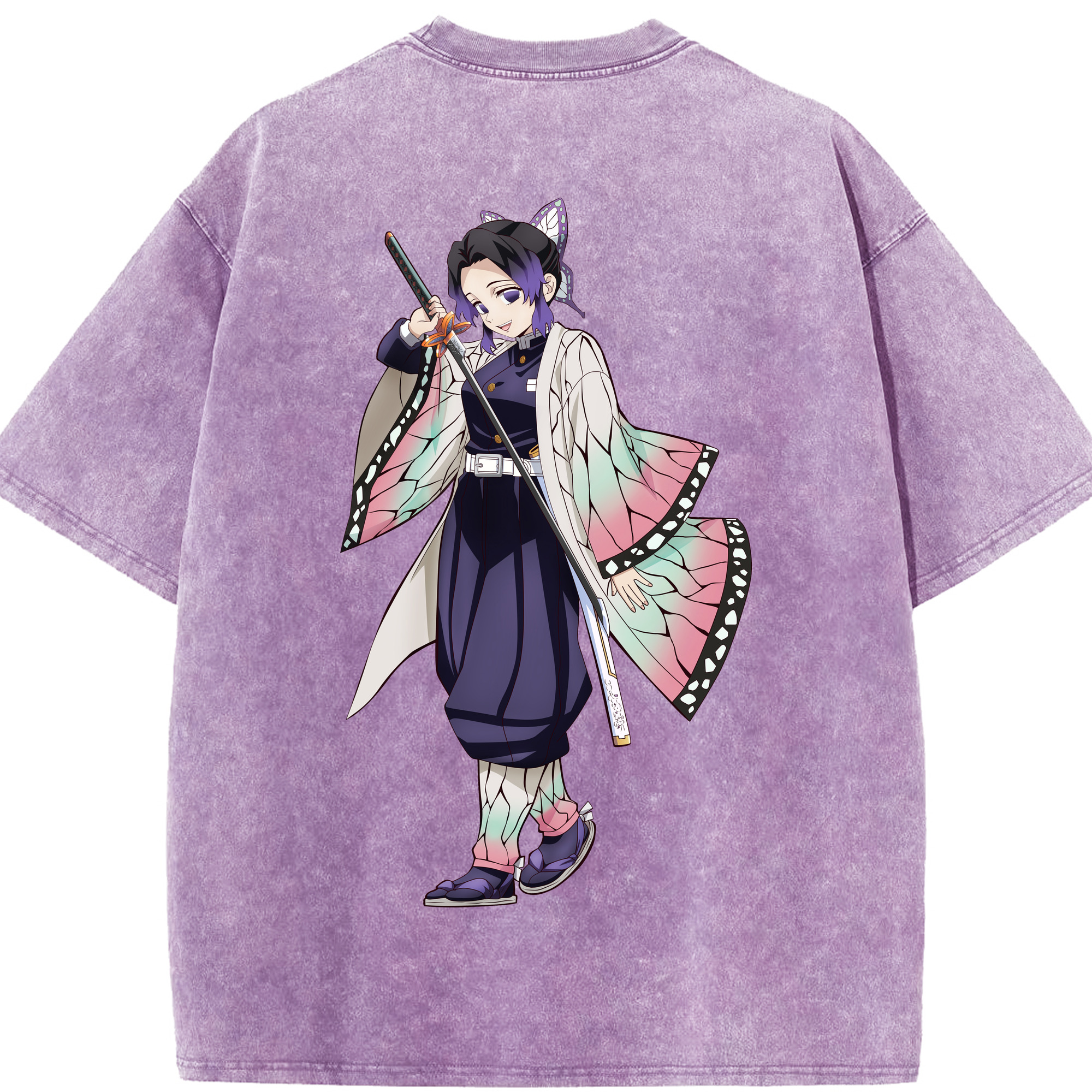 （画像用） 鬼滅の刃（きめつのやいば）蟲柱-胡蝶 しのぶ／こちょう しのぶ Kochou Shinobu 綿100% ヴィンテージ風 半袖Tシャツ（背面プリント）