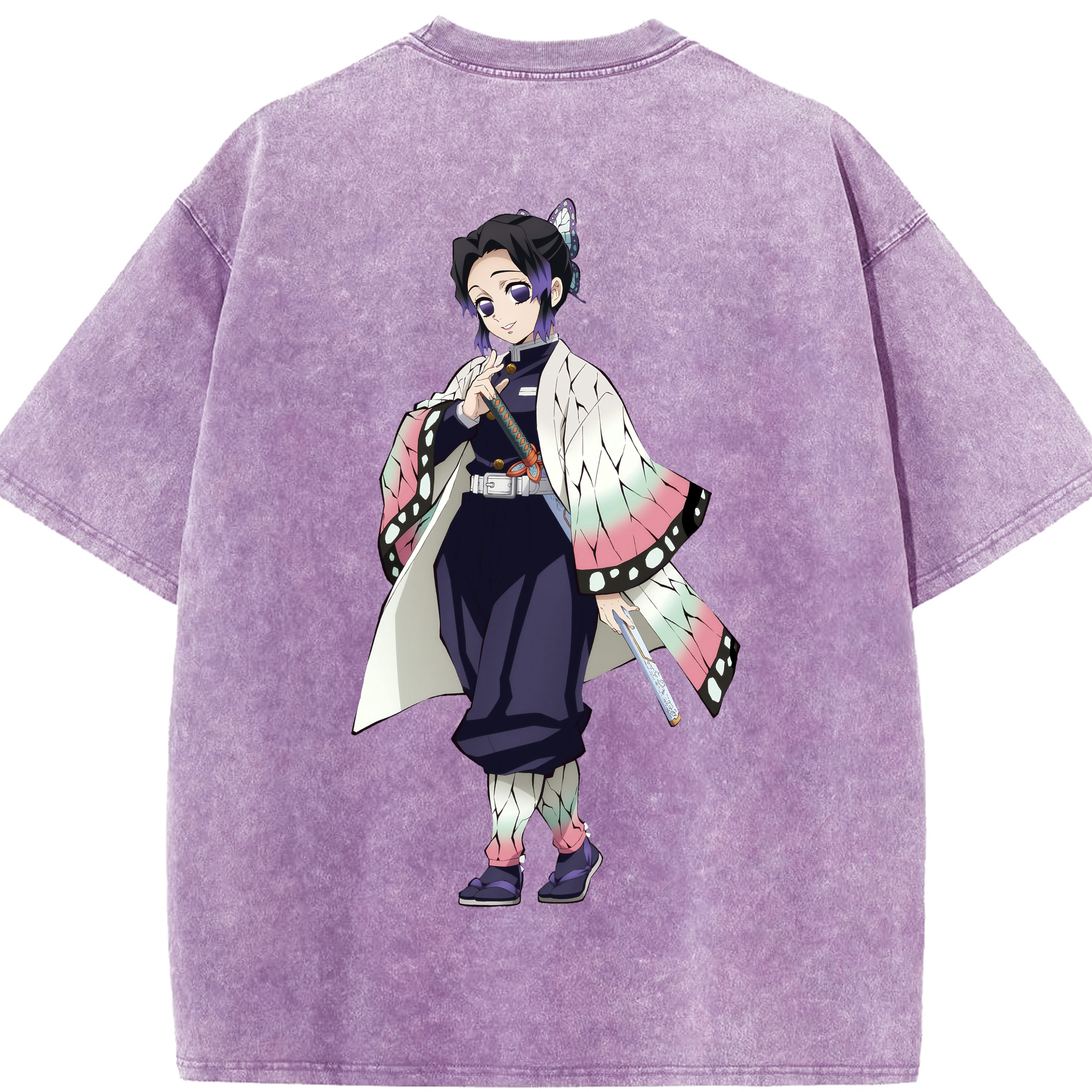 （画像用） 鬼滅の刃（きめつのやいば）蟲柱-胡蝶 しのぶ／こちょう しのぶ Kochou Shinobu 綿100% ヴィンテージ風 半袖Tシャツ（背面プリント）