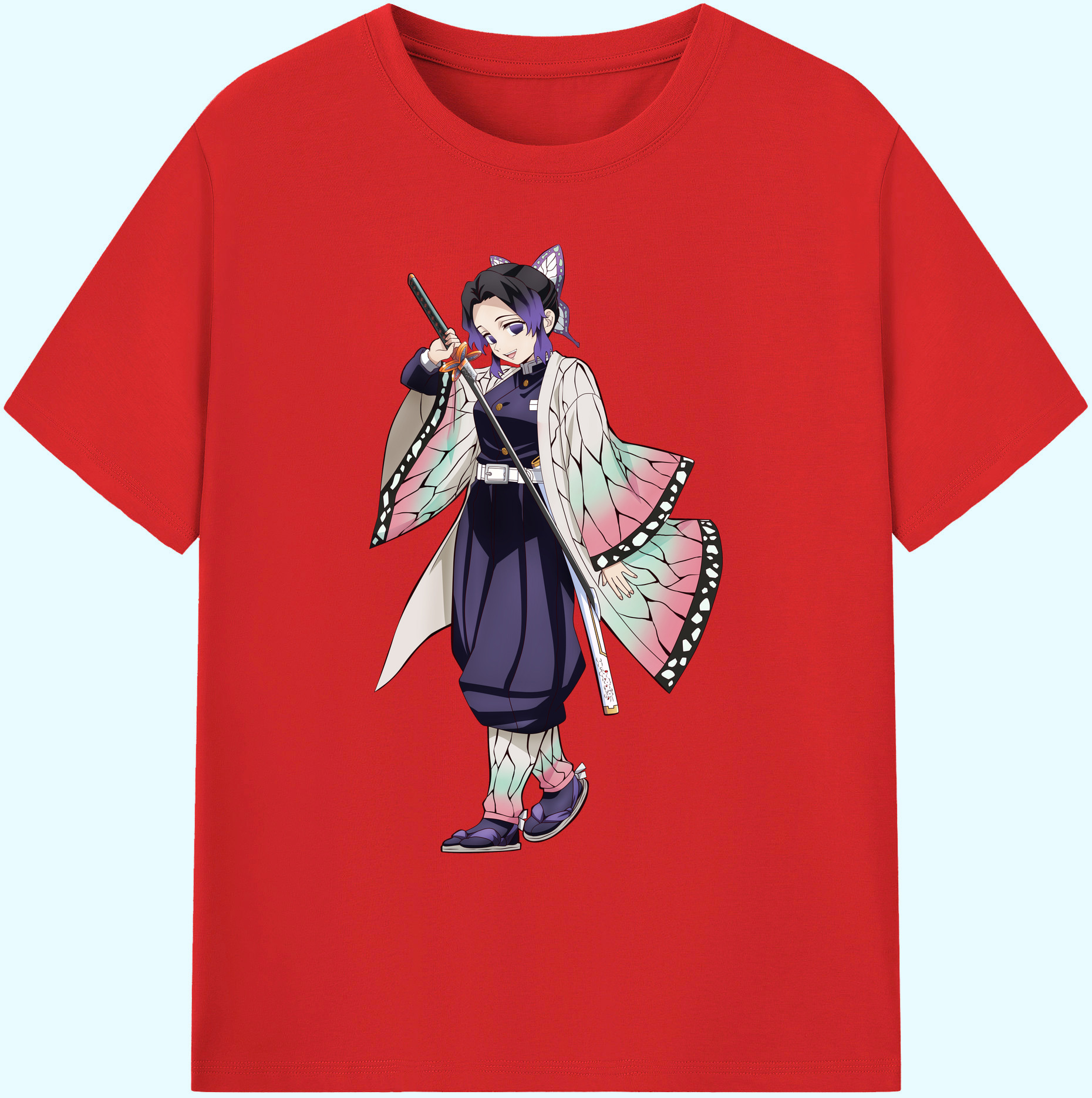 （画像用） 鬼滅の刃（きめつのやいば）蟲柱-胡蝶 しのぶ／こちょう しのぶ Kochou Shinobu 綿100％ メンズ半袖Tシャツ｜肌触りやわらか＆通気性