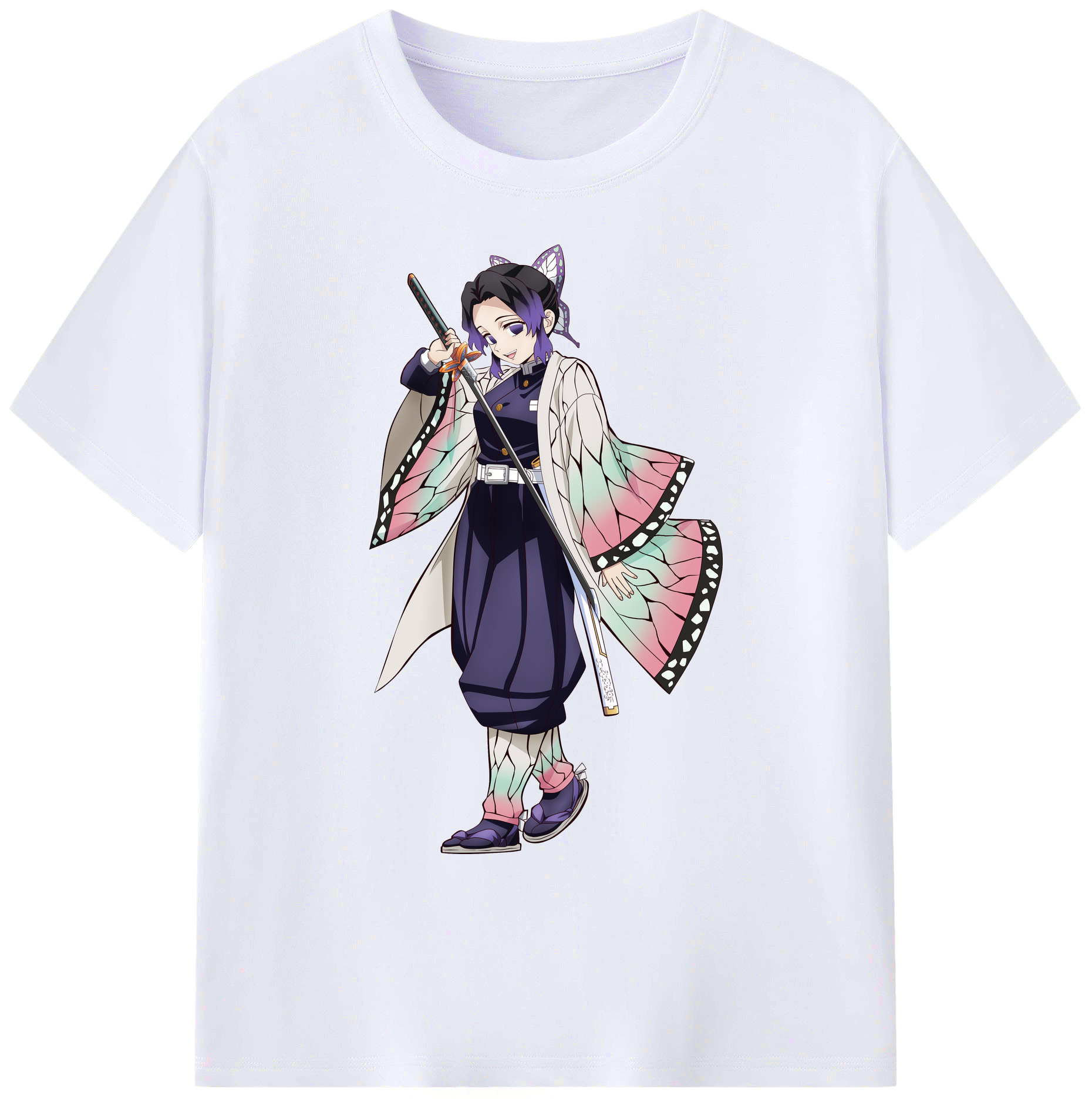（画像用） 鬼滅の刃（きめつのやいば）蟲柱-胡蝶 しのぶ／こちょう しのぶ Kochou Shinobu 綿100％ メンズ半袖Tシャツ｜肌触りやわらか＆通気性