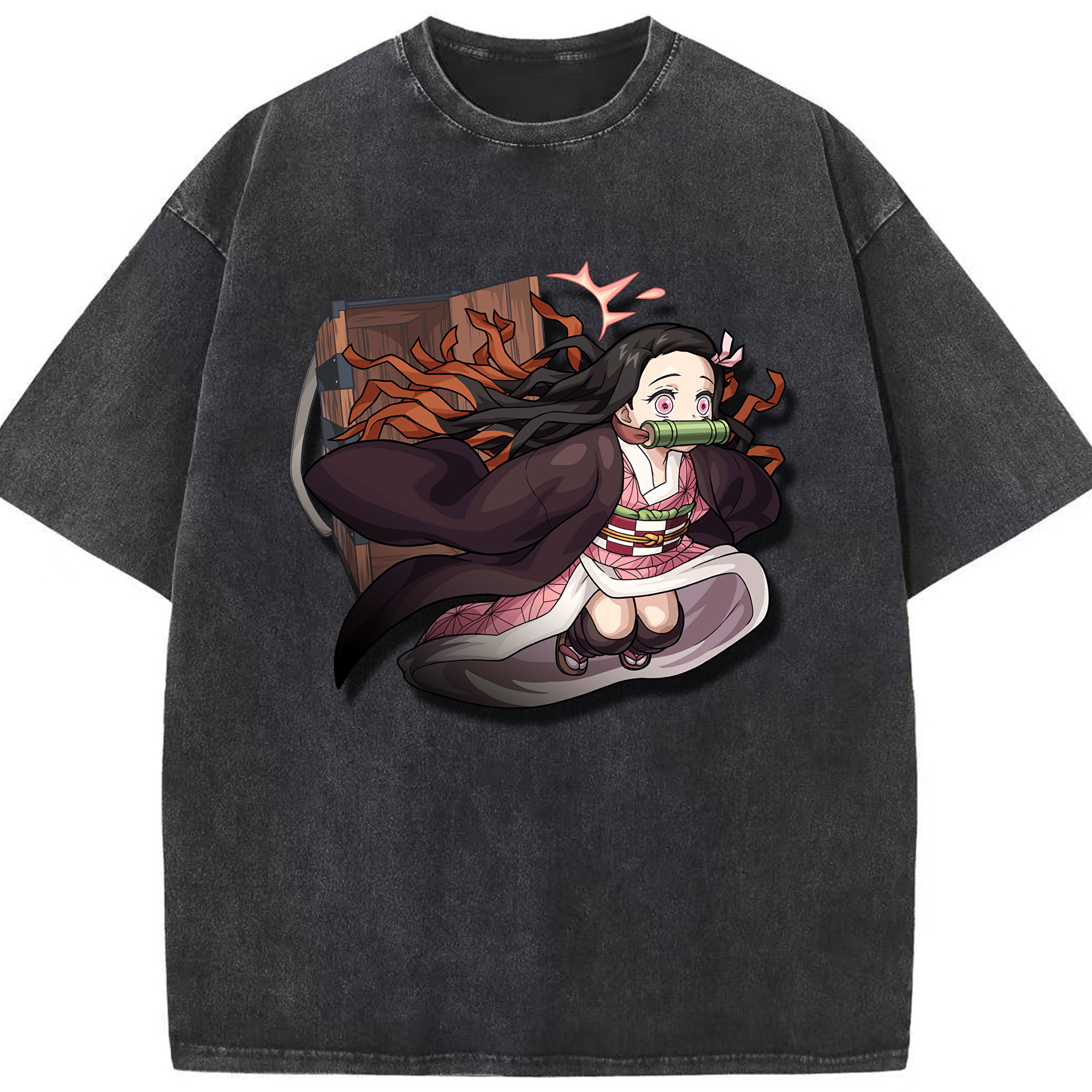 （画像用） 鬼滅の刃（きめつのやいば）竈門 禰󠄀豆子／かまど ねずこ Kamado Nezuko 綿100% ヴィンテージ風 半袖Tシャツ（フロントプリント）