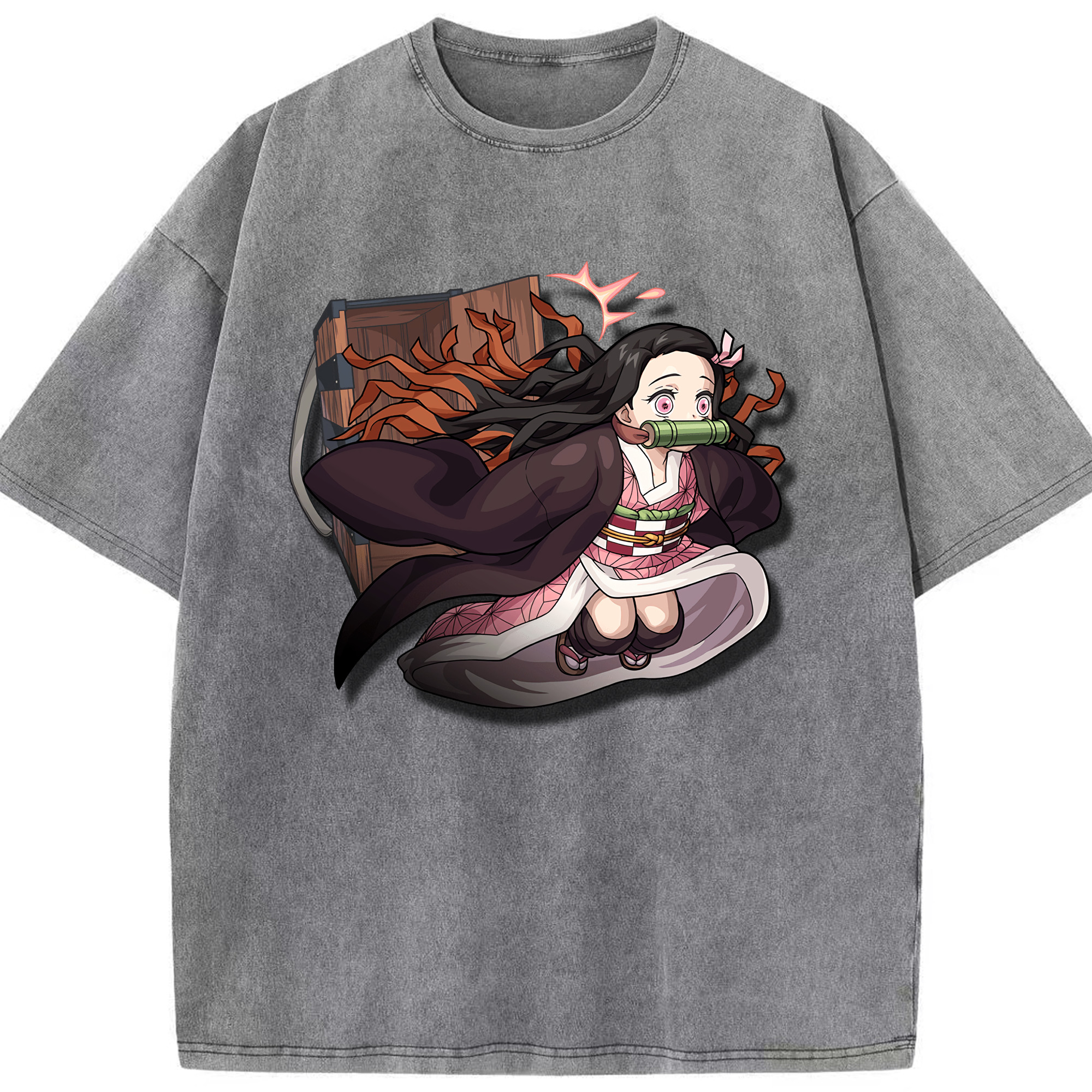 （画像用） 鬼滅の刃（きめつのやいば）竈門 禰󠄀豆子／かまど ねずこ Kamado Nezuko 綿100% ヴィンテージ風 半袖Tシャツ（フロントプリント）