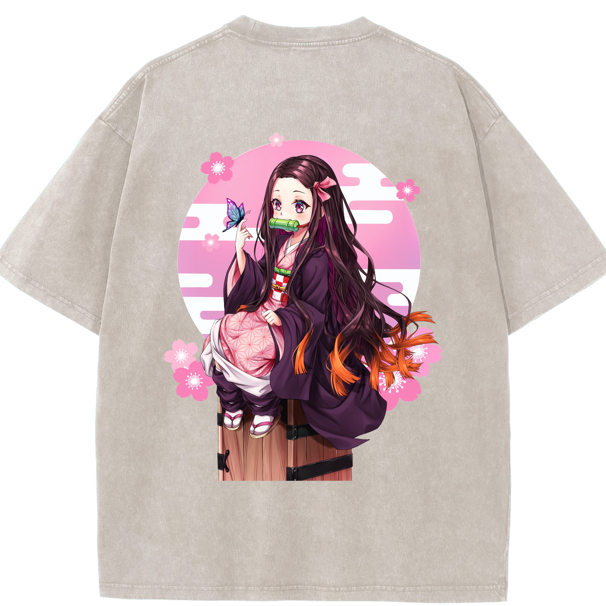 （画像用） 鬼滅の刃（きめつのやいば）竈門 禰󠄀豆子／かまど ねずこ Kamado Nezuko 綿100% ヴィンテージ風 半袖Tシャツ（背面プリント）