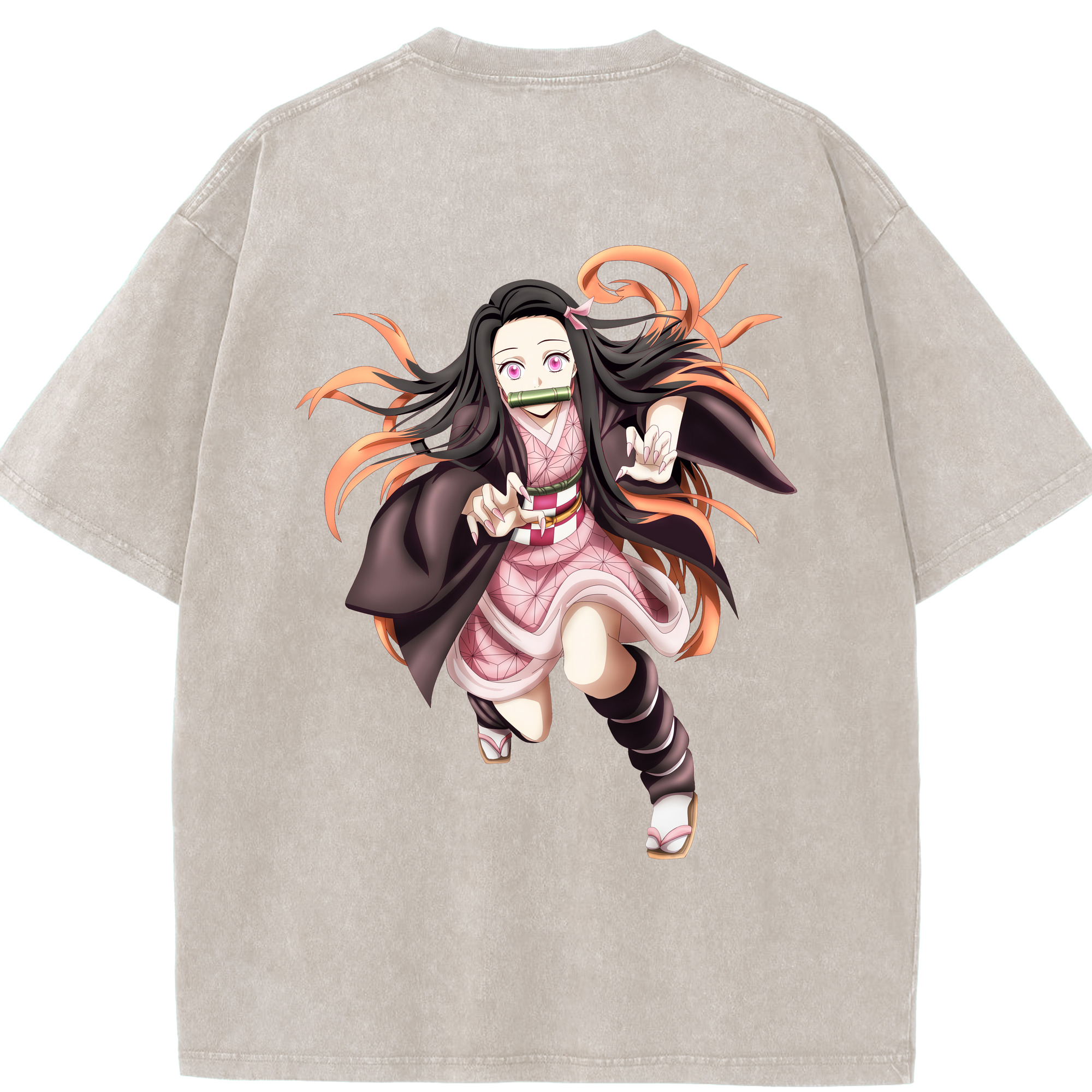 （画像用） 鬼滅の刃（きめつのやいば）竈門 禰󠄀豆子／かまど ねずこ Kamado Nezuko 綿100% ヴィンテージ風 半袖Tシャツ（背面プリント）