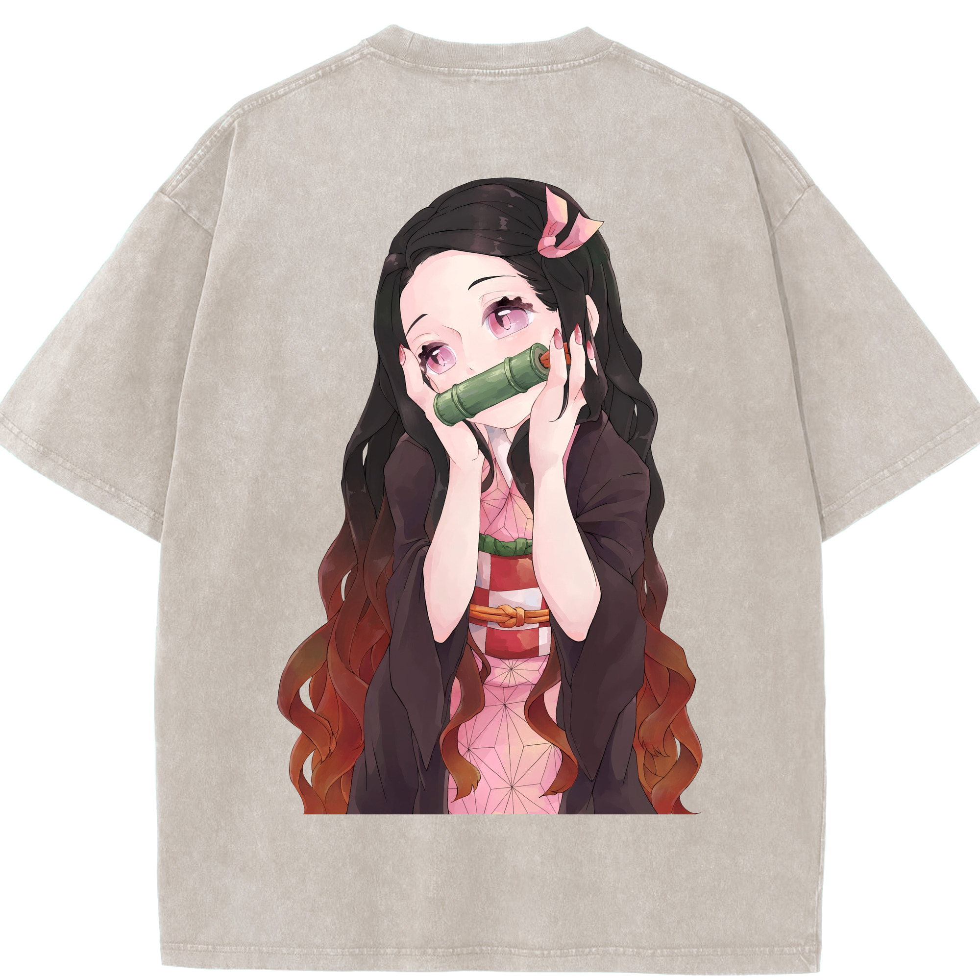 （画像用） 鬼滅の刃（きめつのやいば）竈門 禰󠄀豆子／かまど ねずこ Kamado Nezuko 綿100% ヴィンテージ風 半袖Tシャツ（背面プリント）