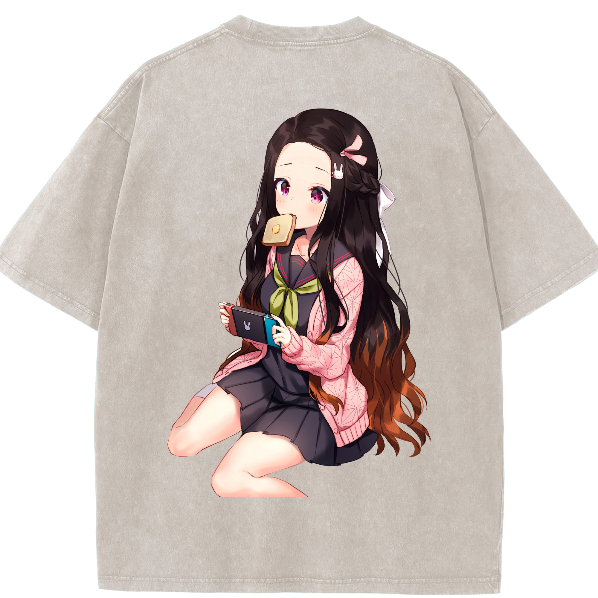 （画像用） 鬼滅の刃（きめつのやいば）竈門 禰󠄀豆子／かまど ねずこ Kamado Nezuko 綿100% ヴィンテージ風 半袖Tシャツ（背面プリント）