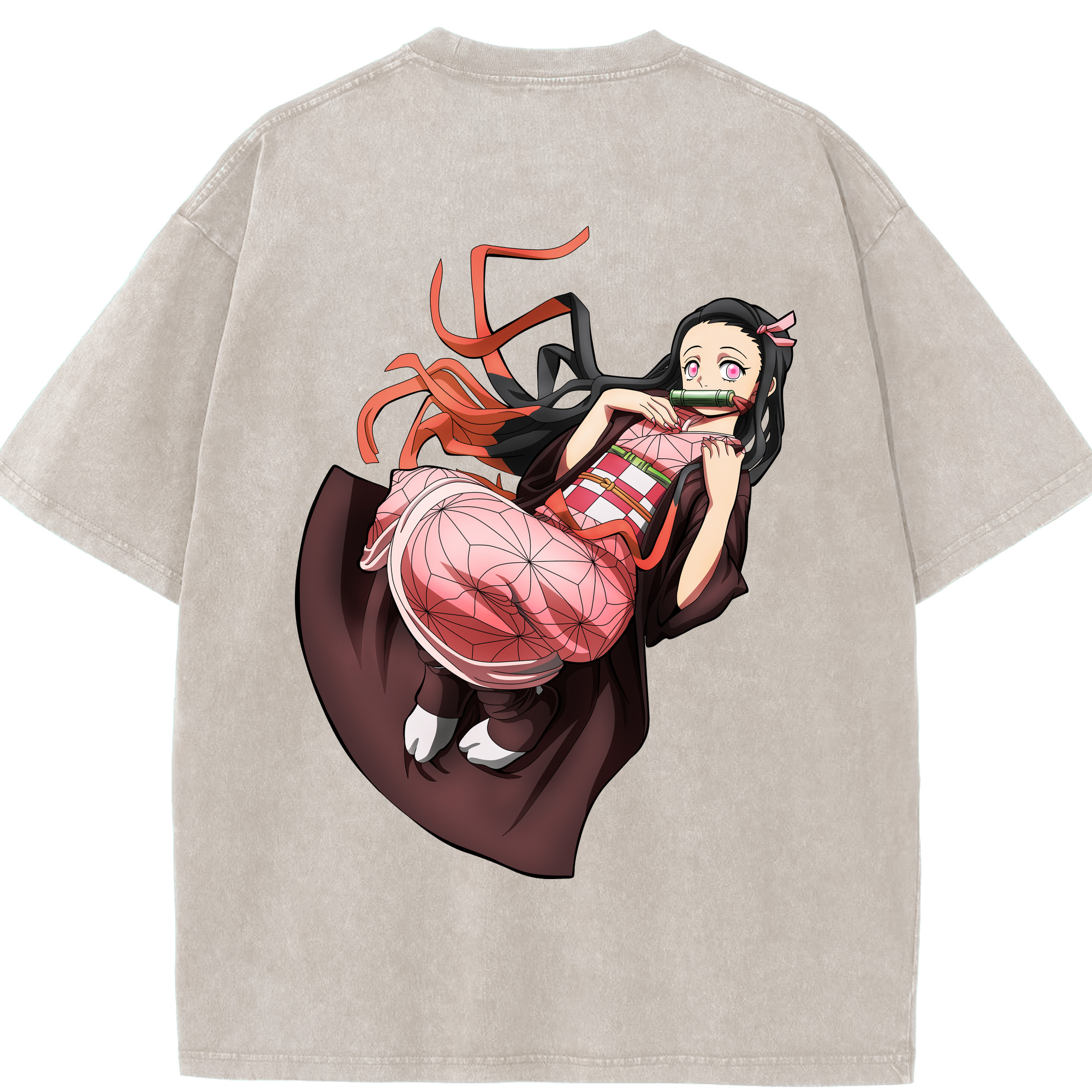 （画像用） 鬼滅の刃（きめつのやいば）竈門 禰󠄀豆子／かまど ねずこ Kamado Nezuko 綿100% ヴィンテージ風 半袖Tシャツ（背面プリント）