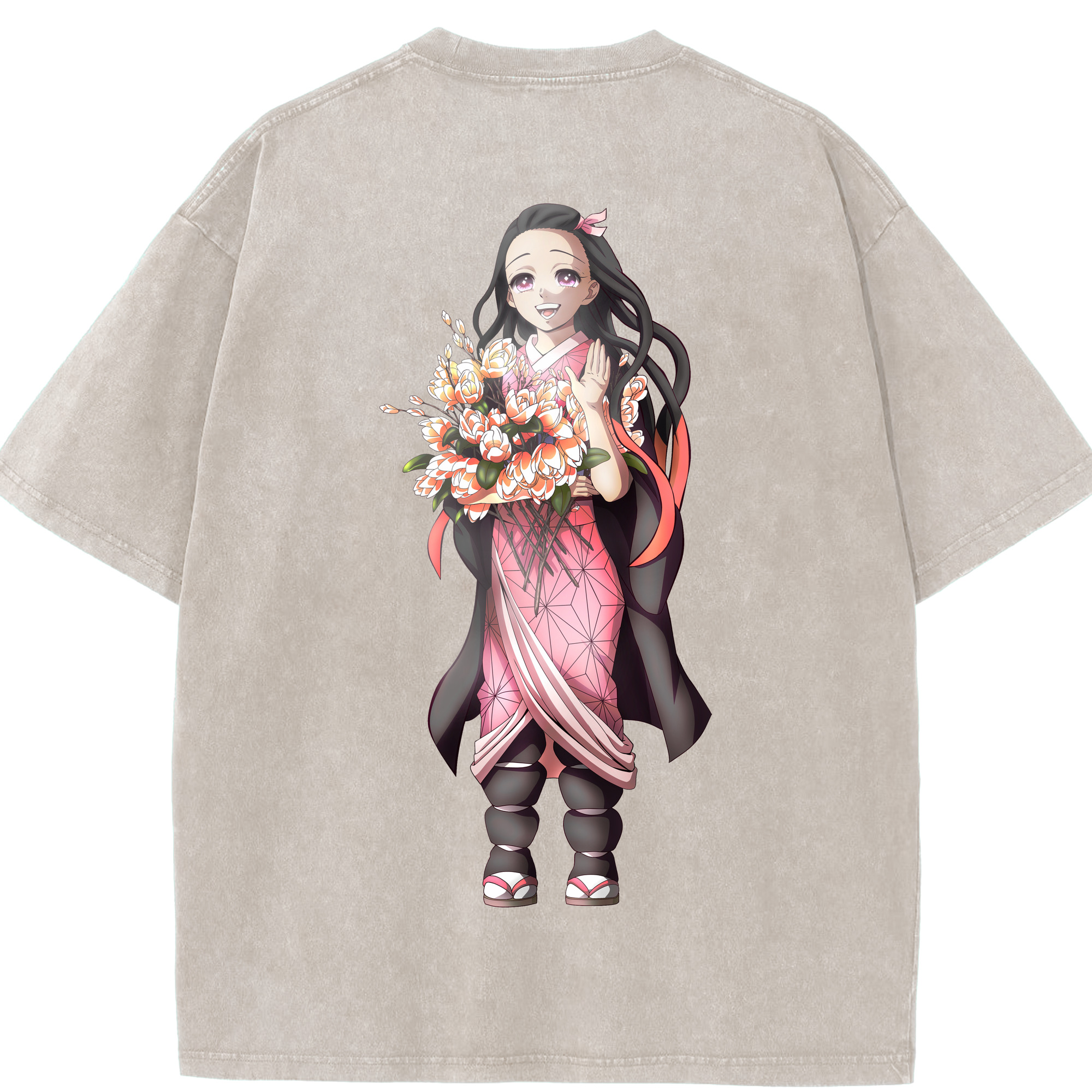 （画像用） 鬼滅の刃（きめつのやいば）竈門 禰󠄀豆子／かまど ねずこ Kamado Nezuko 綿100% ヴィンテージ風 半袖Tシャツ（背面プリント）