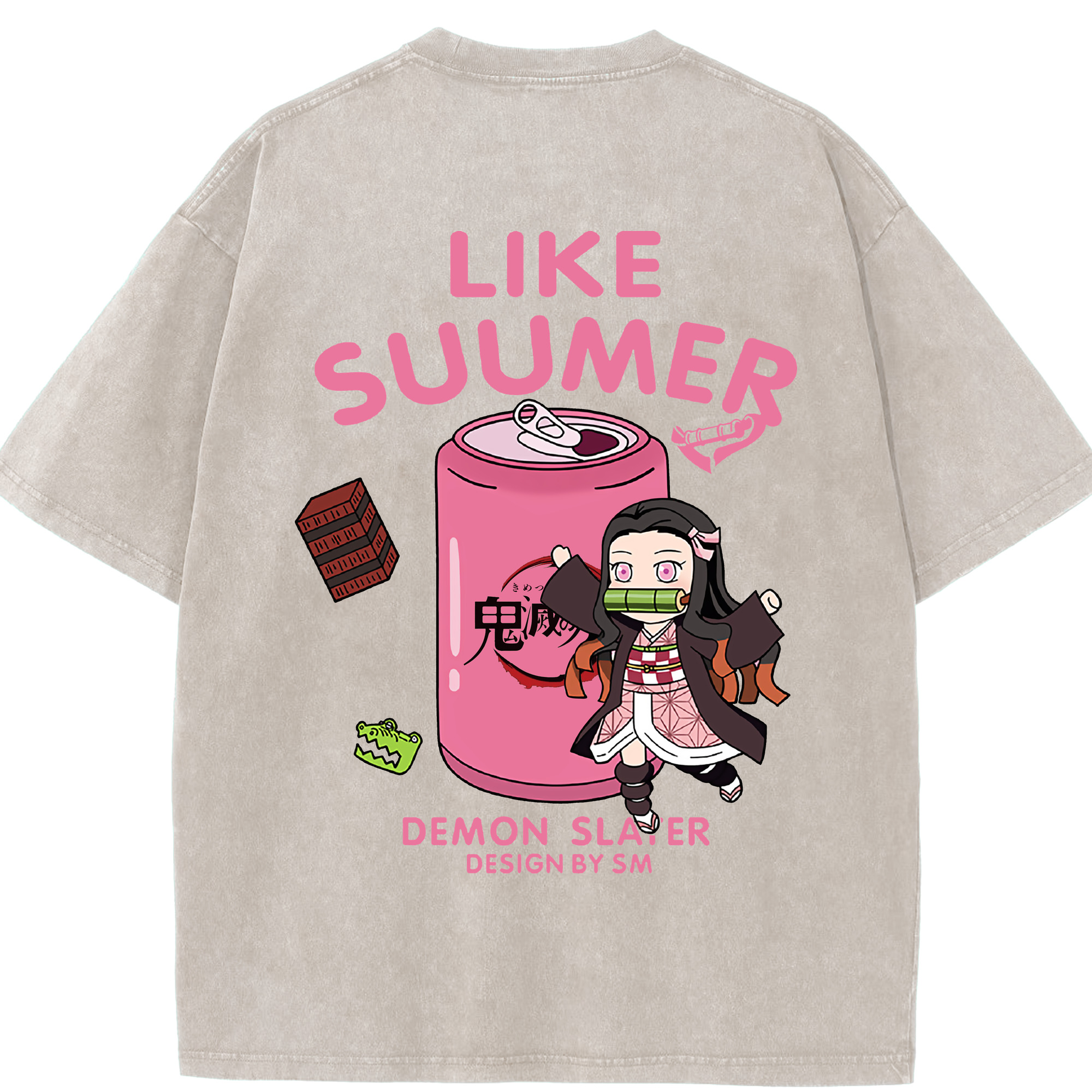 （画像用） 鬼滅の刃（きめつのやいば）竈門 禰󠄀豆子／かまど ねずこ Kamado Nezuko 綿100% ヴィンテージ風 半袖Tシャツ（背面プリント）