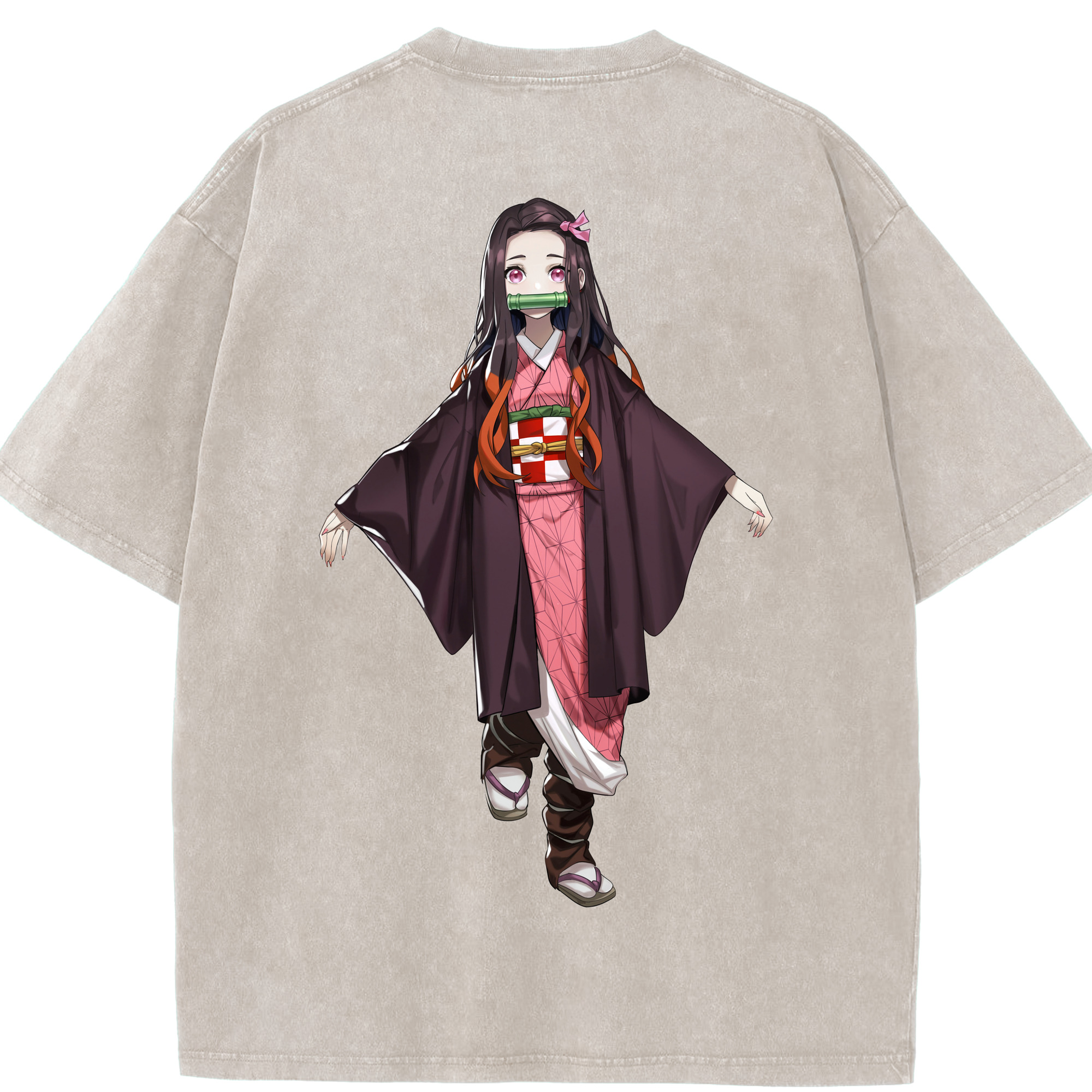 （画像用） 鬼滅の刃（きめつのやいば）竈門 禰󠄀豆子／かまど ねずこ Kamado Nezuko 綿100% ヴィンテージ風 半袖Tシャツ（背面プリント）