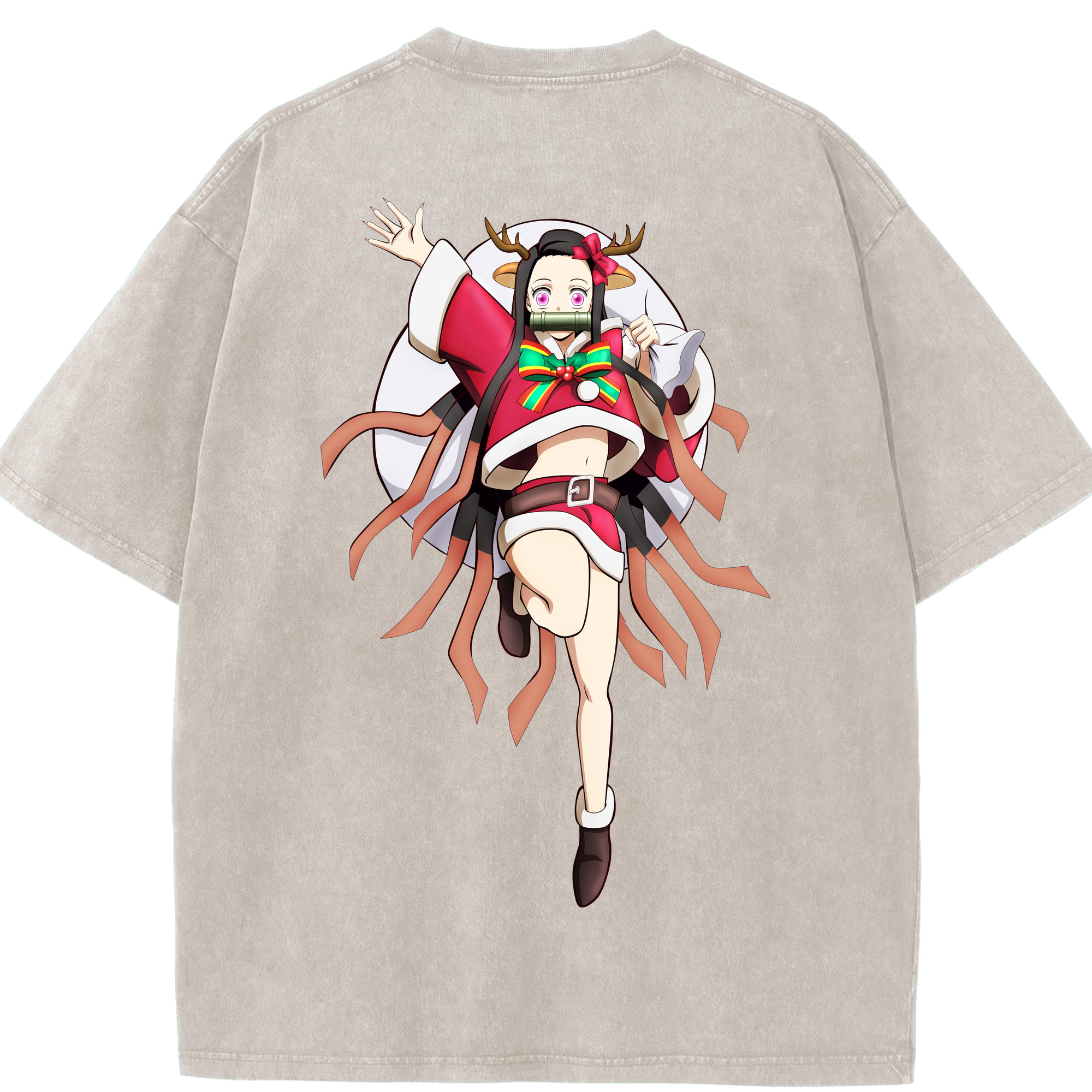 （画像用） 鬼滅の刃（きめつのやいば）竈門 禰󠄀豆子／かまど ねずこ Kamado Nezuko 綿100% ヴィンテージ風 半袖Tシャツ（背面プリント）
