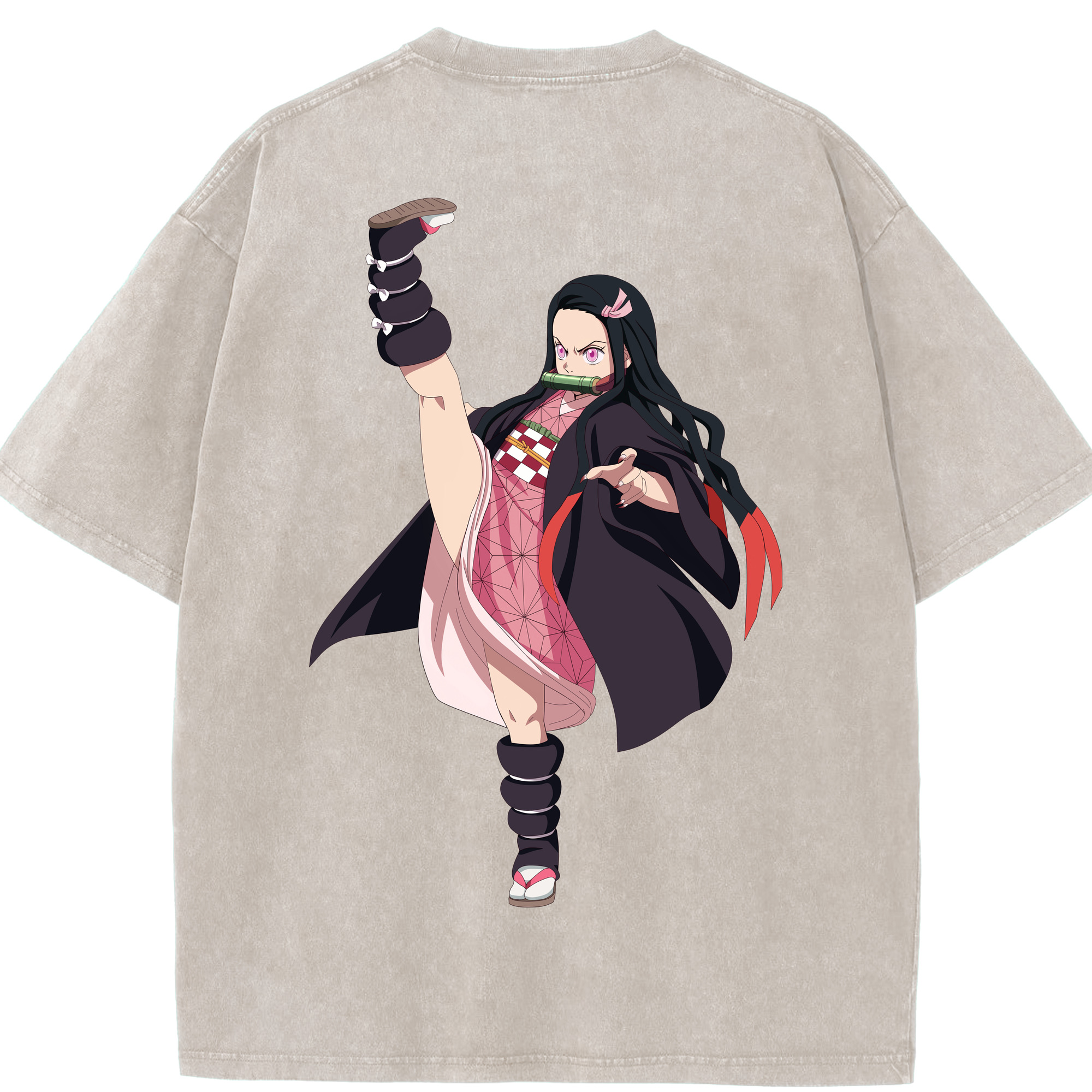 （画像用） 鬼滅の刃（きめつのやいば）竈門 禰󠄀豆子／かまど ねずこ Kamado Nezuko 綿100% ヴィンテージ風 半袖Tシャツ（背面プリント）