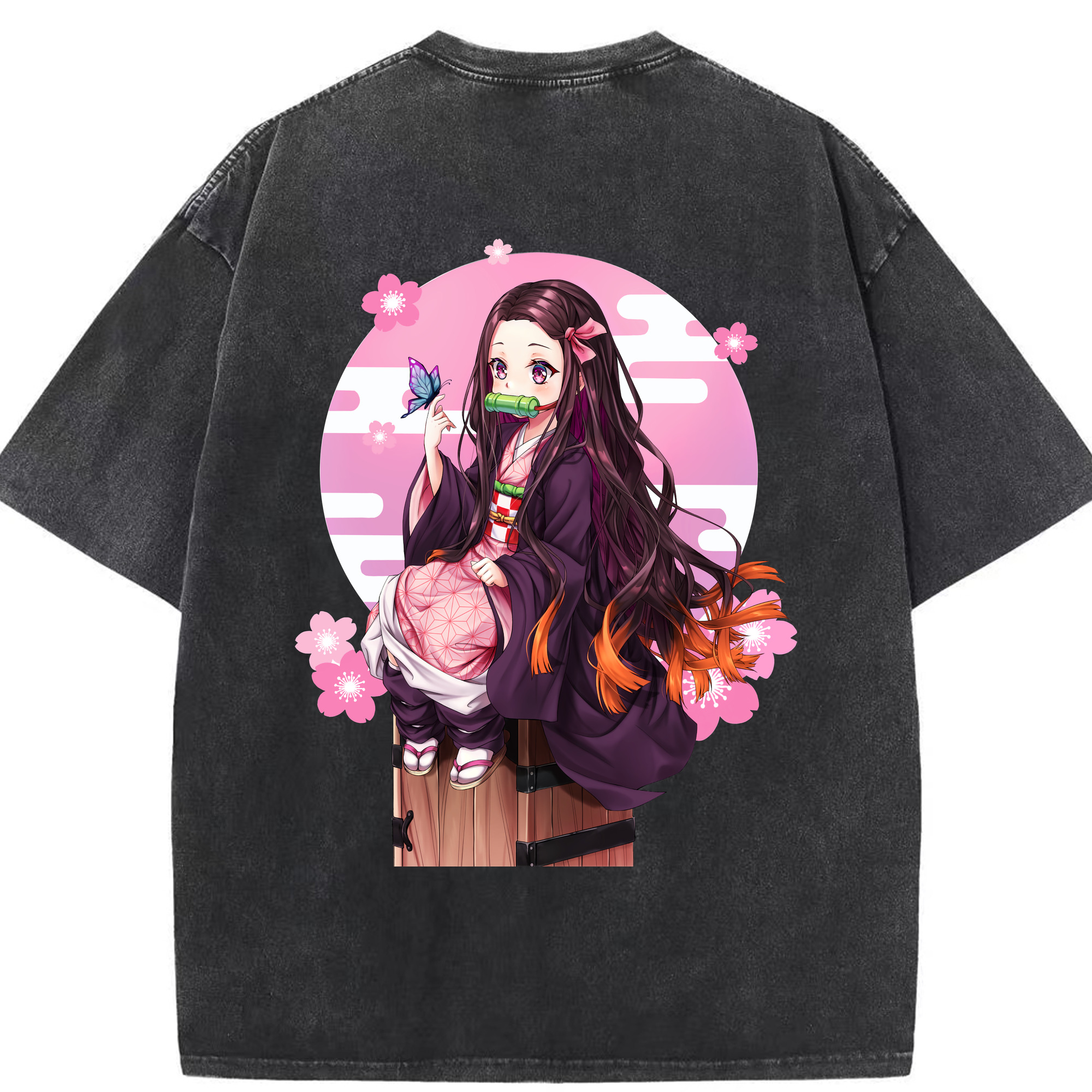 （画像用） 鬼滅の刃（きめつのやいば）竈門 禰󠄀豆子／かまど ねずこ Kamado Nezuko 綿100% ヴィンテージ風 半袖Tシャツ（背面プリント）