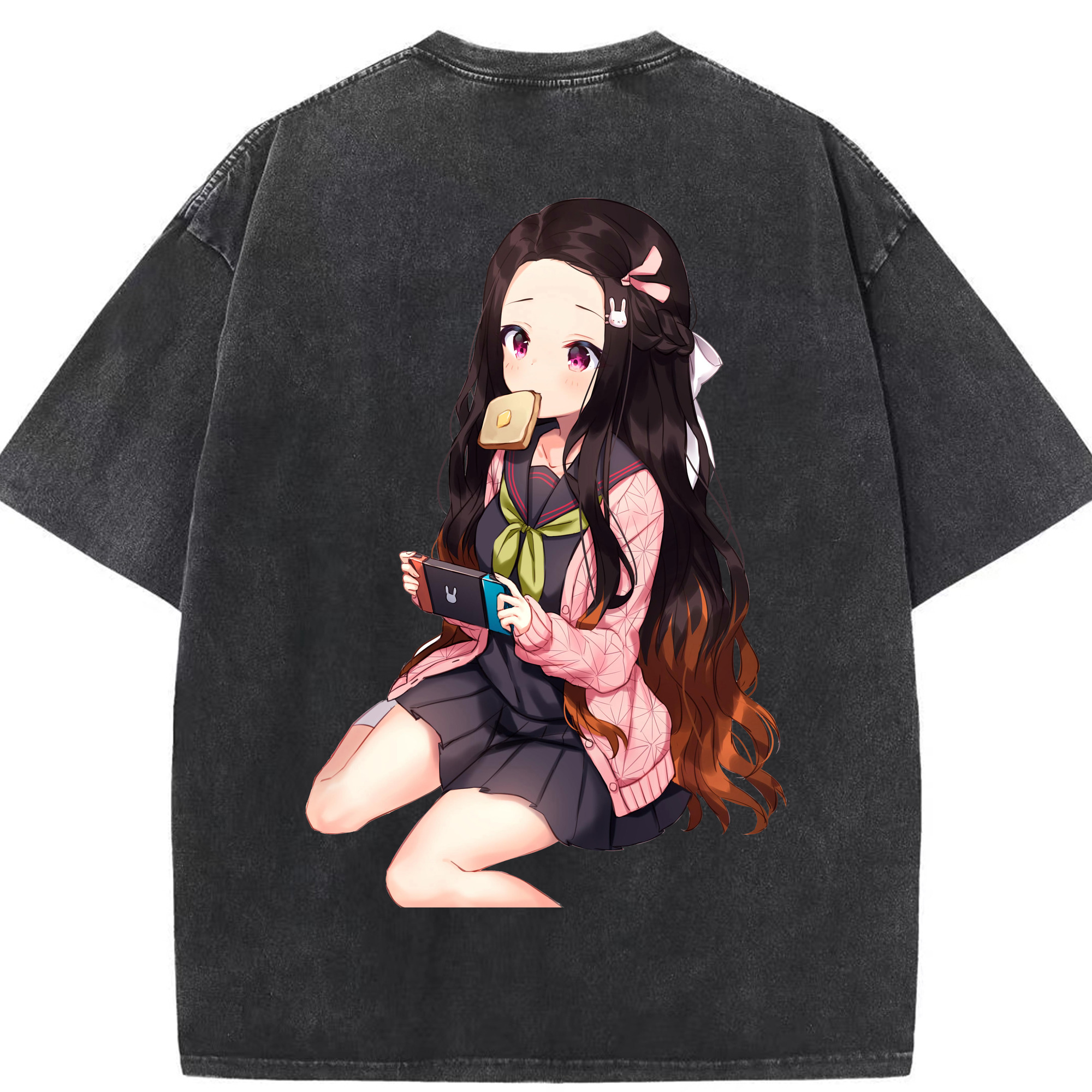 （画像用） 鬼滅の刃（きめつのやいば）竈門 禰󠄀豆子／かまど ねずこ Kamado Nezuko 綿100% ヴィンテージ風 半袖Tシャツ（背面プリント）