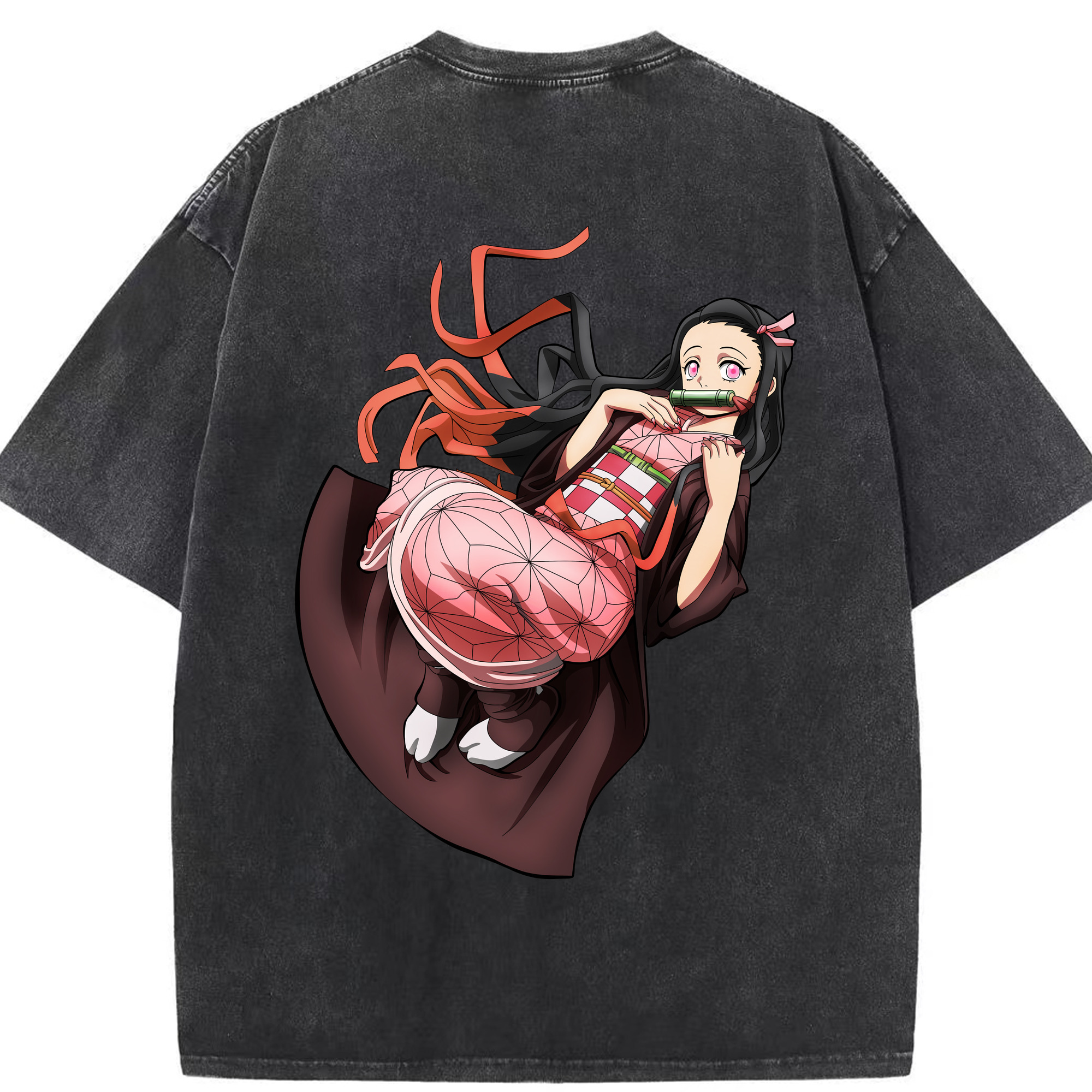 （画像用） 鬼滅の刃（きめつのやいば）竈門 禰󠄀豆子／かまど ねずこ Kamado Nezuko 綿100% ヴィンテージ風 半袖Tシャツ（背面プリント）