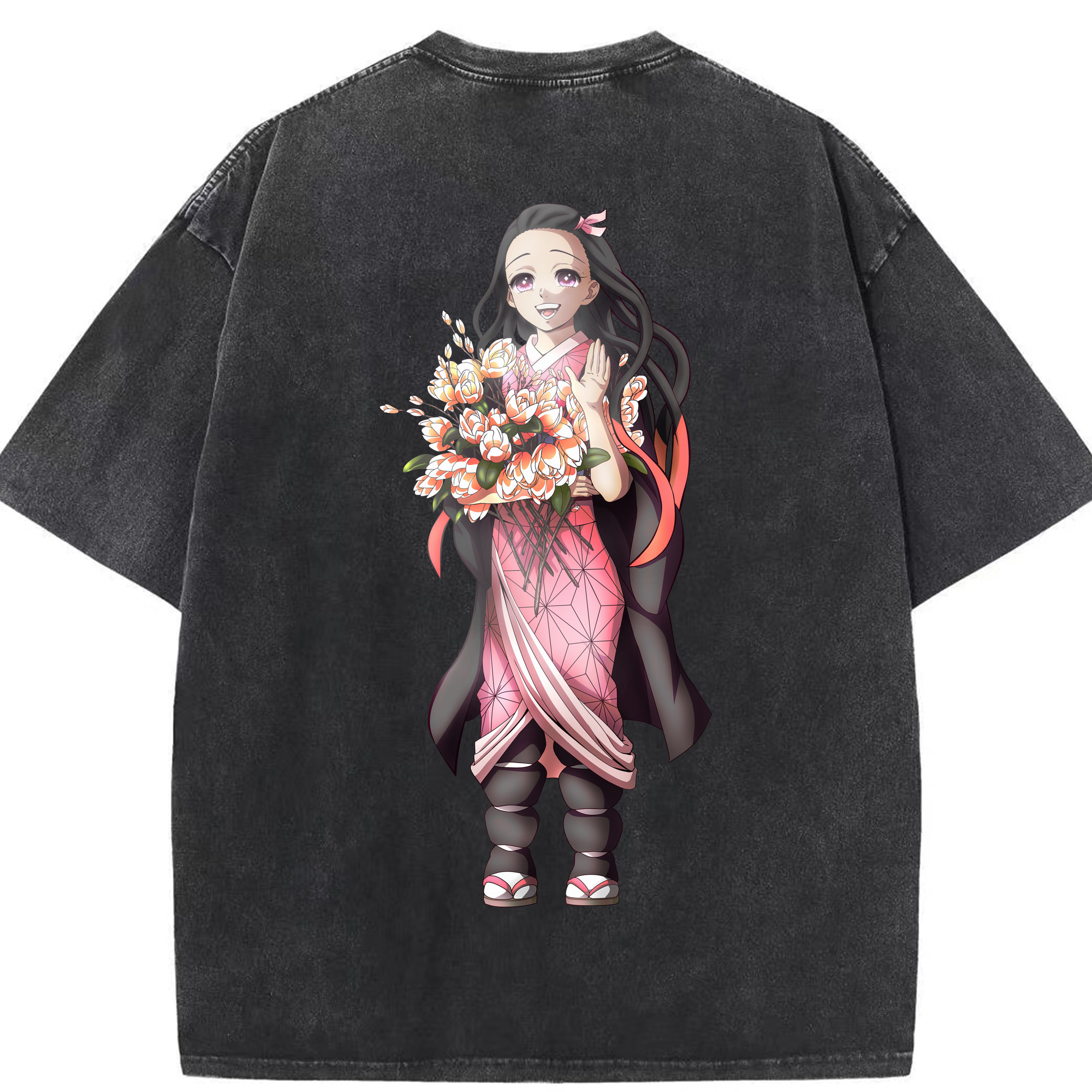 （画像用） 鬼滅の刃（きめつのやいば）竈門 禰󠄀豆子／かまど ねずこ Kamado Nezuko 綿100% ヴィンテージ風 半袖Tシャツ（背面プリント）