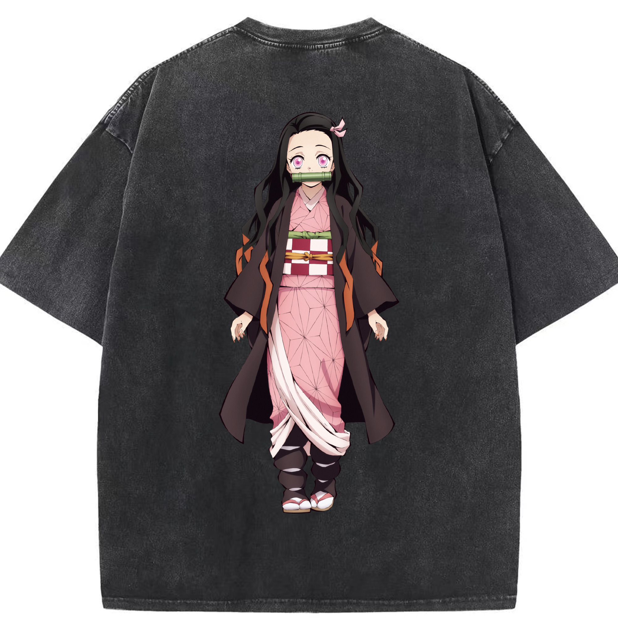 （画像用） 鬼滅の刃（きめつのやいば）竈門 禰󠄀豆子／かまど ねずこ Kamado Nezuko 綿100% ヴィンテージ風 半袖Tシャツ（背面プリント）