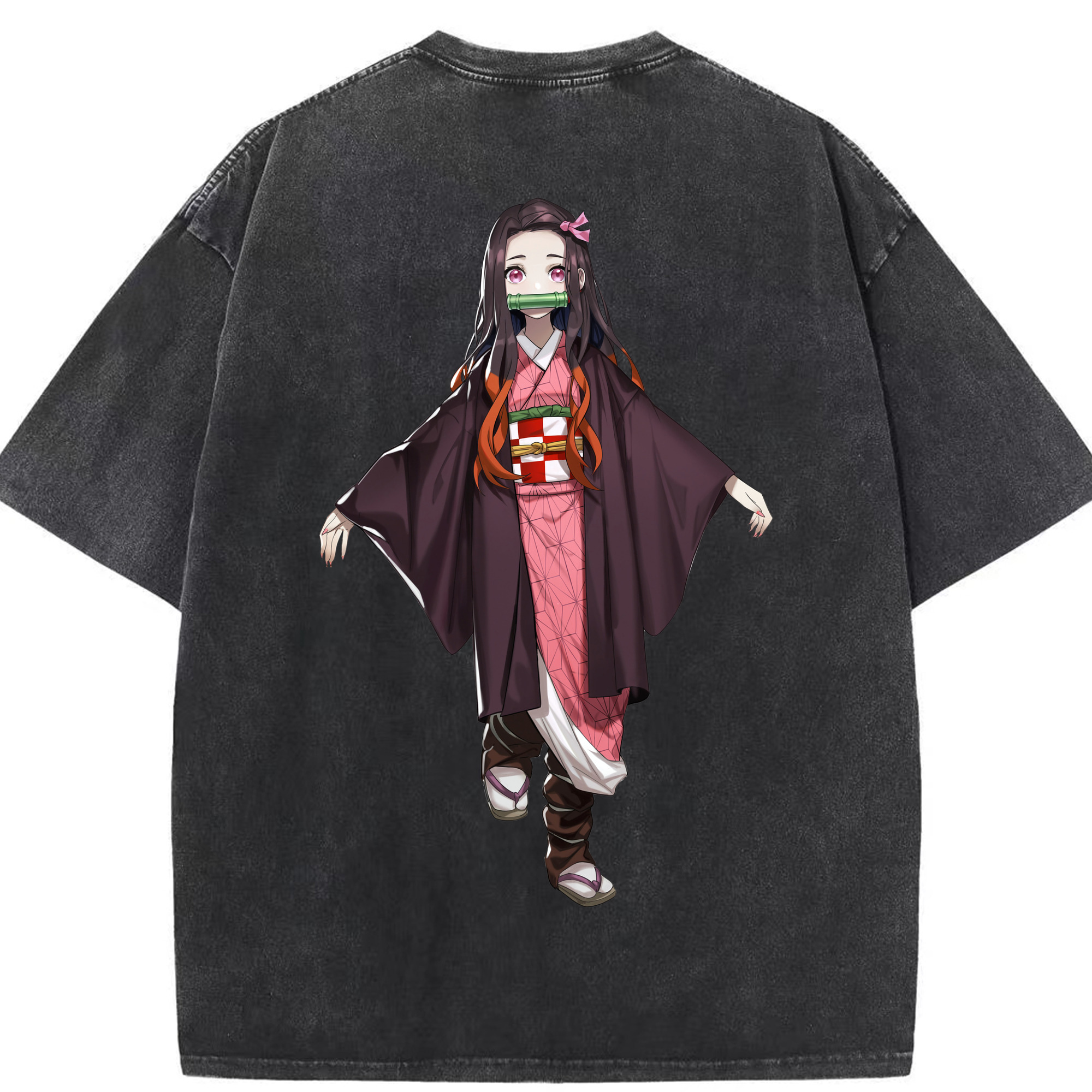 （画像用） 鬼滅の刃（きめつのやいば）竈門 禰󠄀豆子／かまど ねずこ Kamado Nezuko 綿100% ヴィンテージ風 半袖Tシャツ（背面プリント）