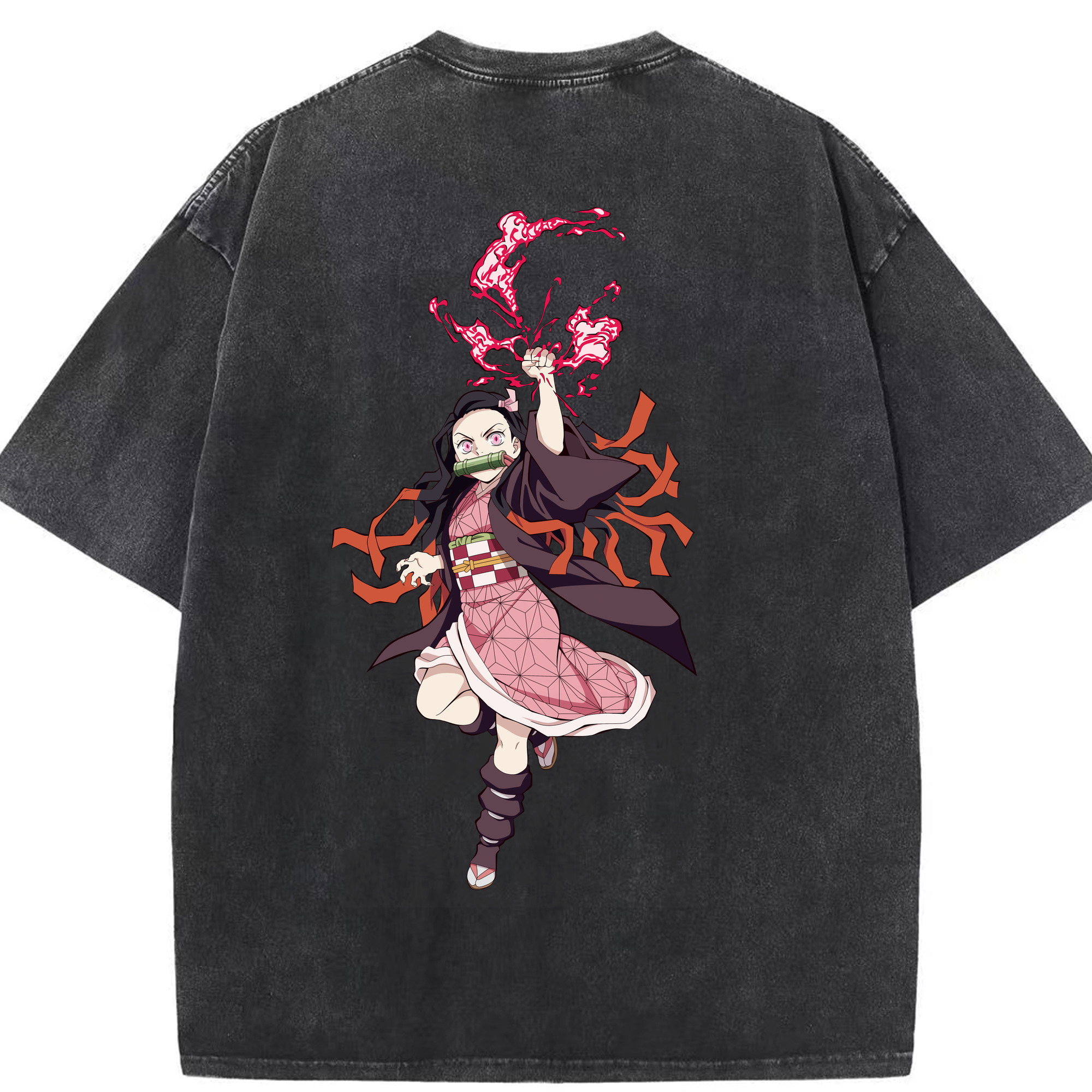 （画像用） 鬼滅の刃（きめつのやいば）竈門 禰󠄀豆子／かまど ねずこ Kamado Nezuko 綿100% ヴィンテージ風 半袖Tシャツ（背面プリント）