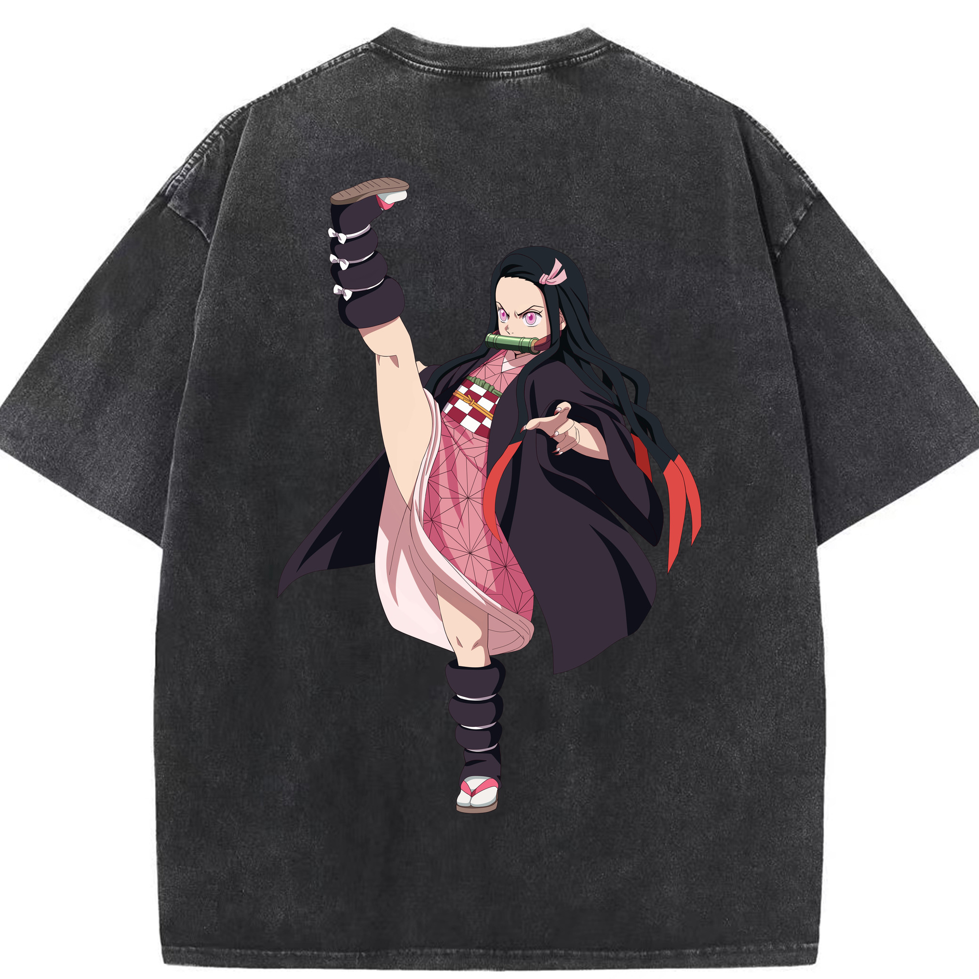 （画像用） 鬼滅の刃（きめつのやいば）竈門 禰󠄀豆子／かまど ねずこ Kamado Nezuko 綿100% ヴィンテージ風 半袖Tシャツ（背面プリント）