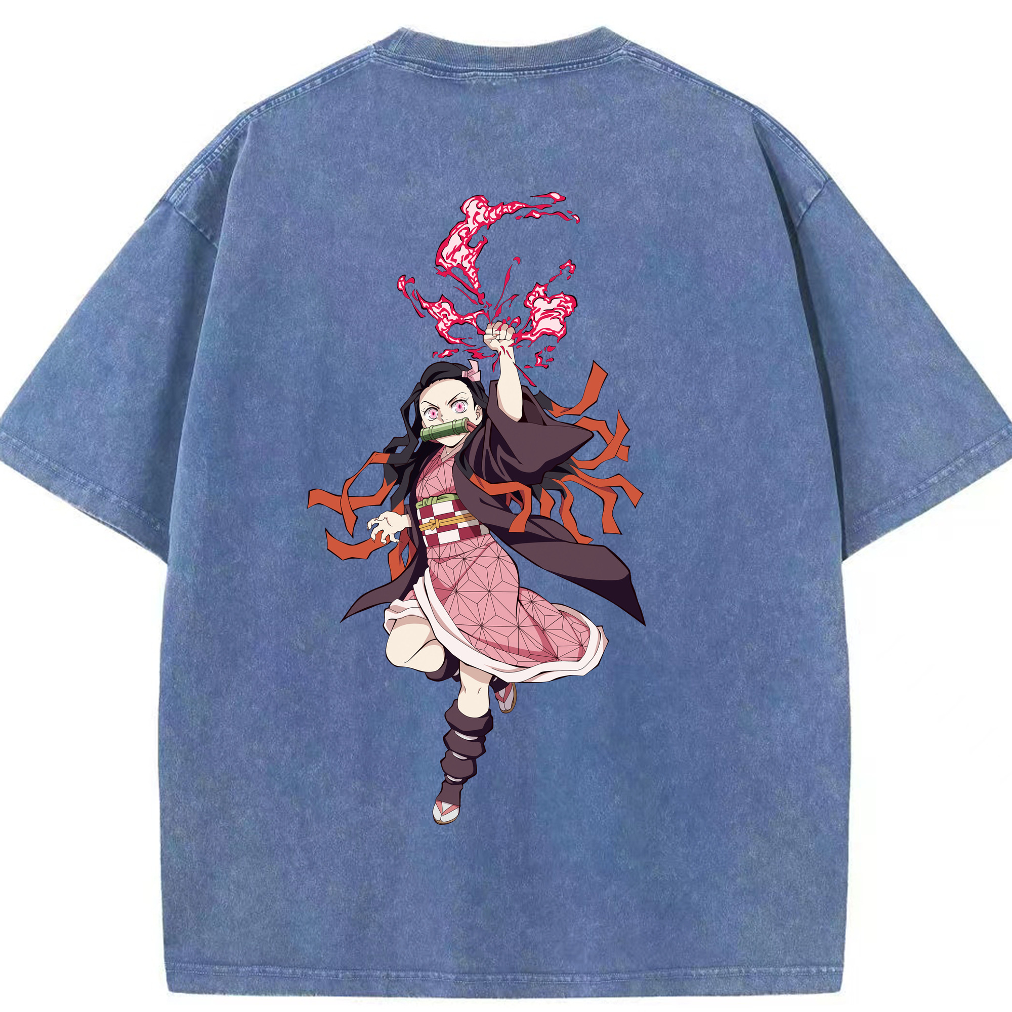 （画像用） 鬼滅の刃（きめつのやいば）竈門 禰󠄀豆子／かまど ねずこ Kamado Nezuko 綿100% ヴィンテージ風 半袖Tシャツ（背面プリント）