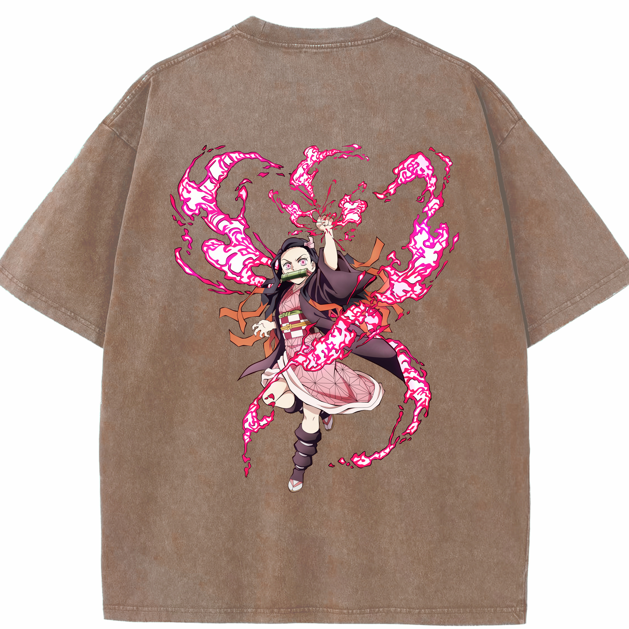 （画像用） 鬼滅の刃（きめつのやいば）竈門 禰󠄀豆子／かまど ねずこ Kamado Nezuko 綿100% ヴィンテージ風 半袖Tシャツ（背面プリント）